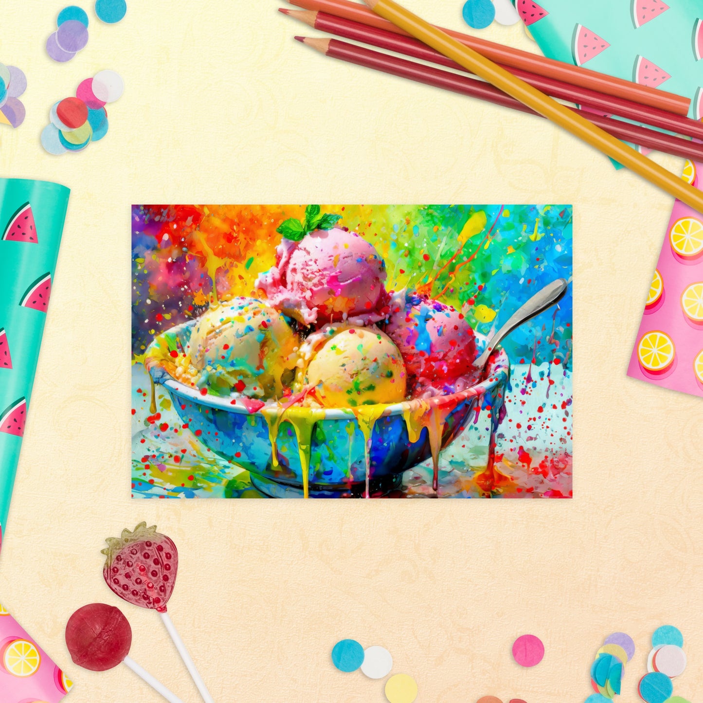 Colorful Ice Cream Bowl Postcard - Vibrant, Stylish Oil Painting - Perfect Gift For Dessert Lovers, Fun And Whimsical Stationary Art & Décor
