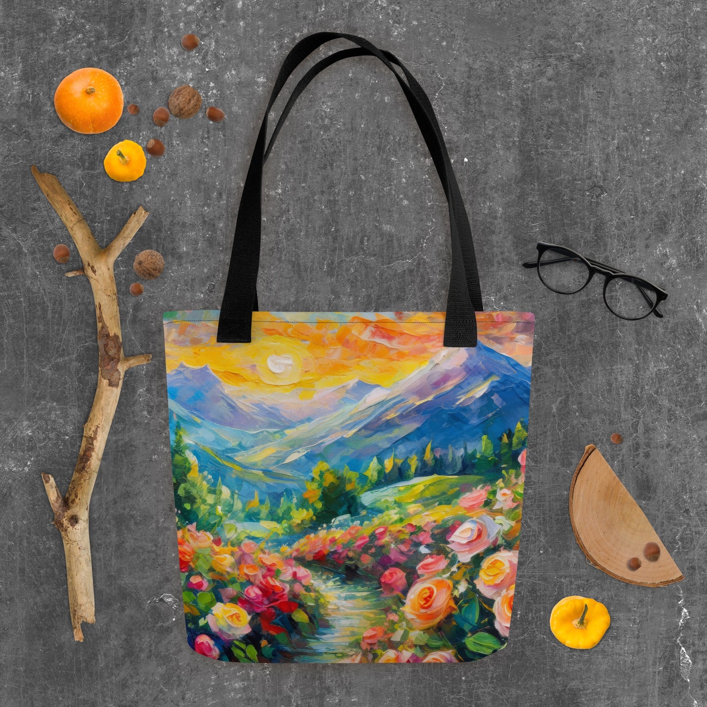 Majestic Mountain Sunset Tote Bag - Vibrant And Stylish Oil Painting, Reusable And Eco-Friendly, Perfect for Nature Lovers & Art Enthusiasts