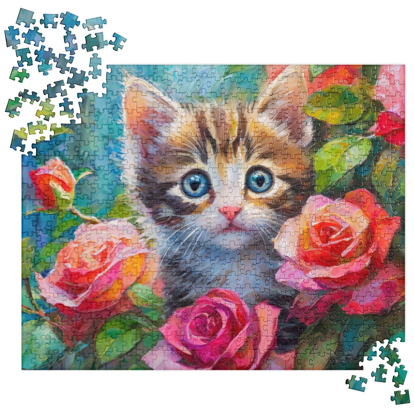 Adorable Kitten In Rose Bush Oil Painting Jigsaw Puzzle - Perfect Gift For Nature, Cat, And Flower Lovers! - Fun For The Entire Family!
