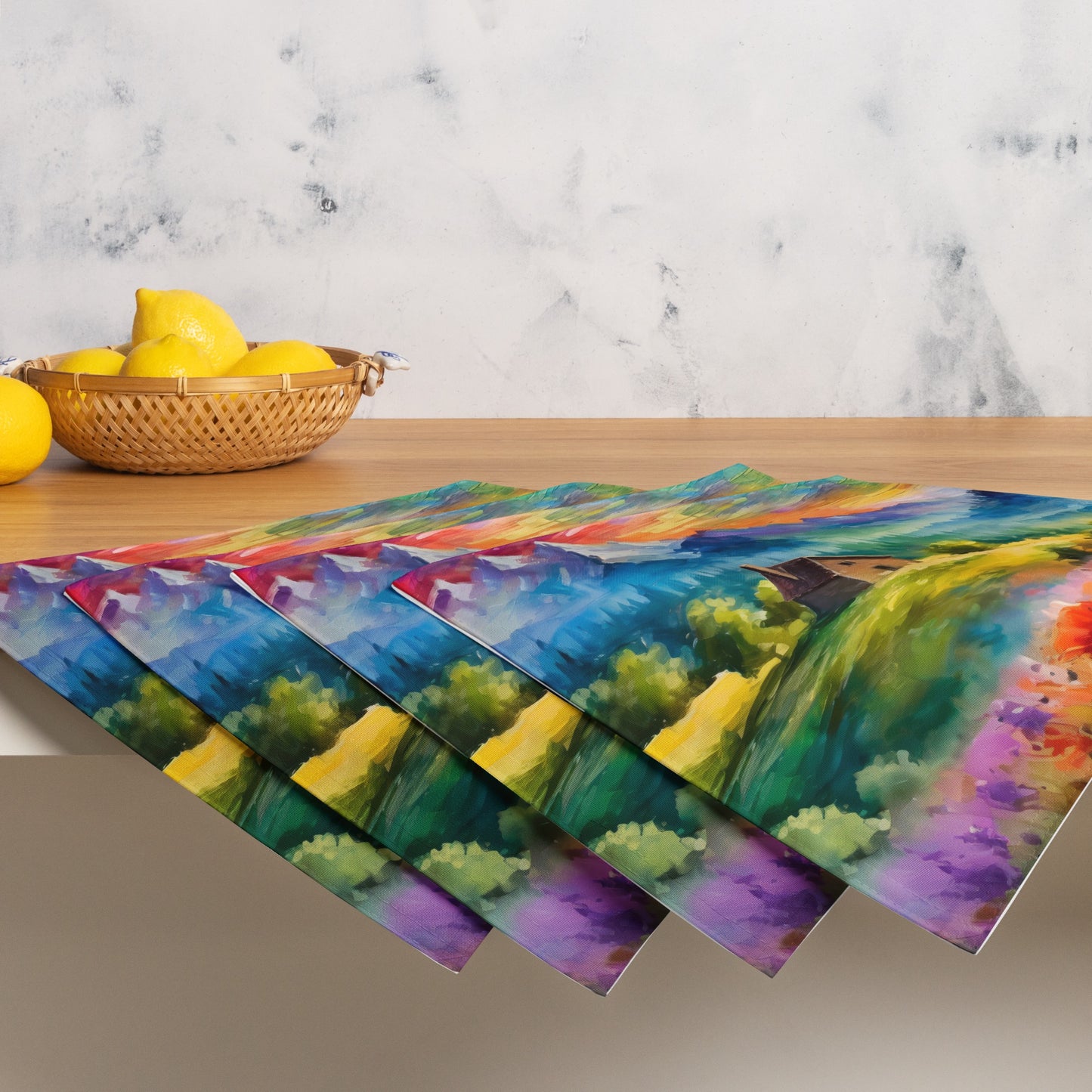 Colorful Mountain Sunset Table Placemat Set Of 4 - Scenic Oil Painting, Van Gogh Style, Perfect For Nature Lovers And Art Enthusiasts