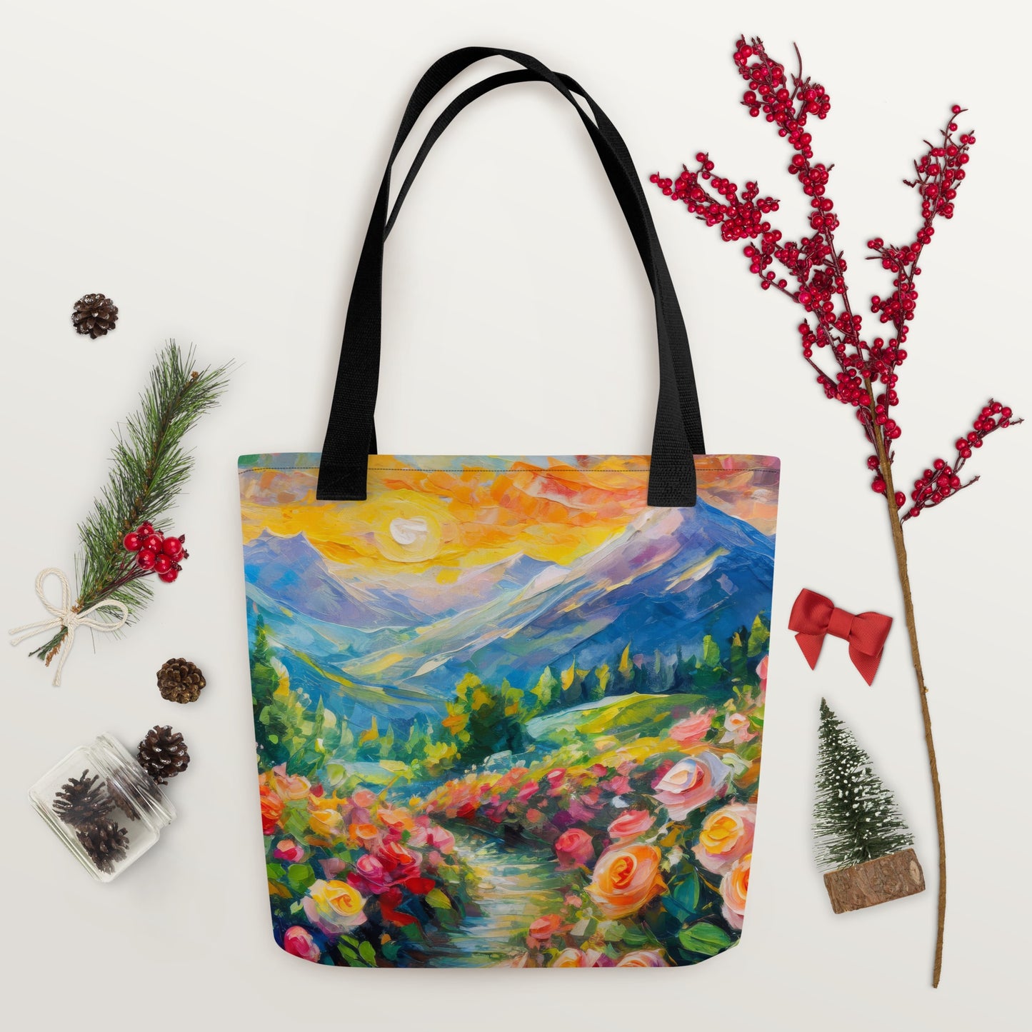 Majestic Mountain Sunset Tote Bag - Vibrant And Stylish Oil Painting, Reusable And Eco-Friendly, Perfect for Nature Lovers & Art Enthusiasts