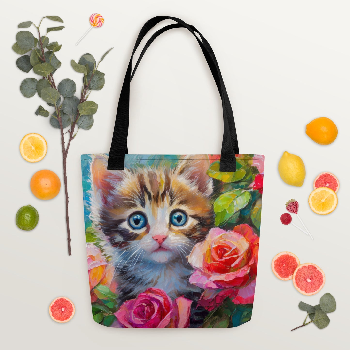 Vibrant Tote Bag With Adorable Kitten In Rose Bush Oil Painting – Perfect Gift For Cat And Flower Lovers, Stylish & Cute Bag For Shopping