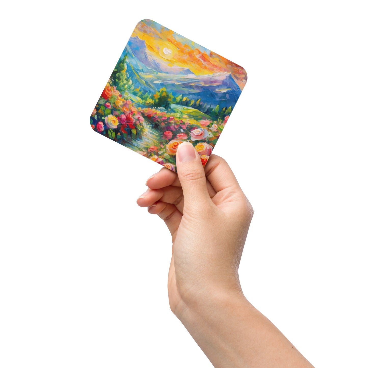 Majestic Mountain Sunset Cork-Back Drink Coaster - Vibrant Oil Painting, Cabin & Flowers, Van Gogh Style, Perfect for Home And Kitchen Décor