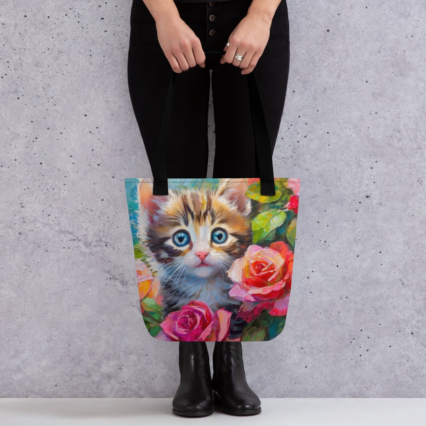 Vibrant Tote Bag With Adorable Kitten In Rose Bush Oil Painting – Perfect Gift For Cat And Flower Lovers, Stylish & Cute Bag For Shopping