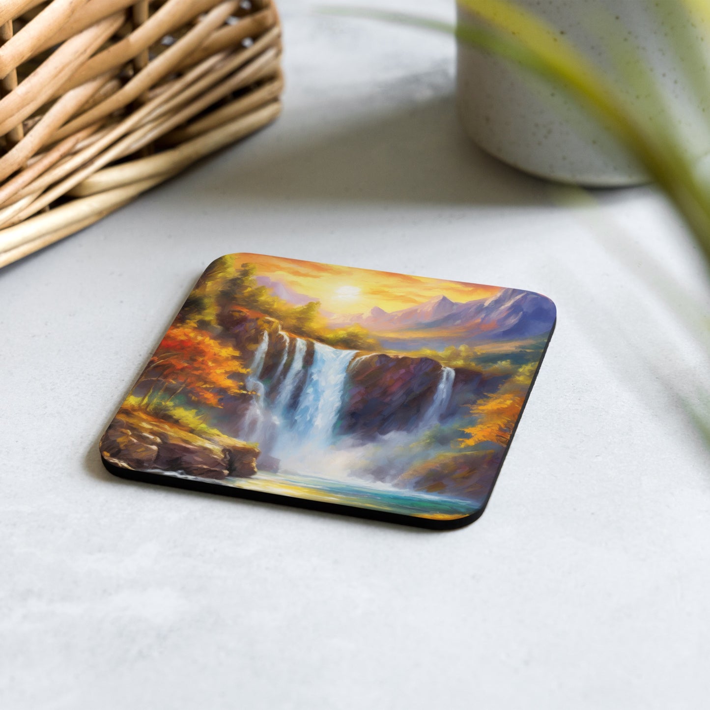 Autumn Sunset Mountain Range Cork-back Coaster - Oil Painting Of A Majestic Waterfall, Home & Café Décor - Beautiful Kitchen And Café Art