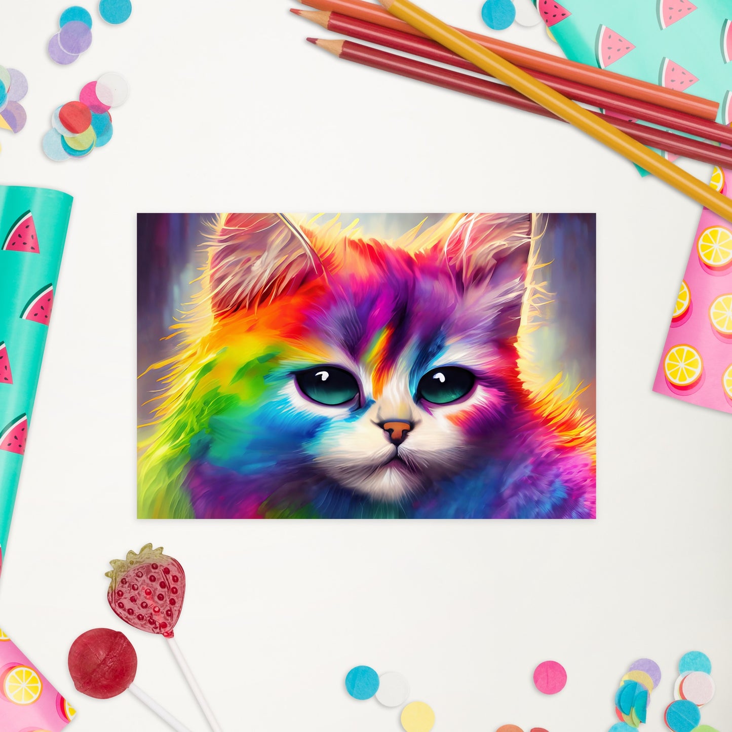 Rainbow Fur Cat Postcard - Vibrant & Stylish Art For All Ages - Perfect For Cat Lovers And Art Enthusiasts - A Perfect Gift Any Occasion