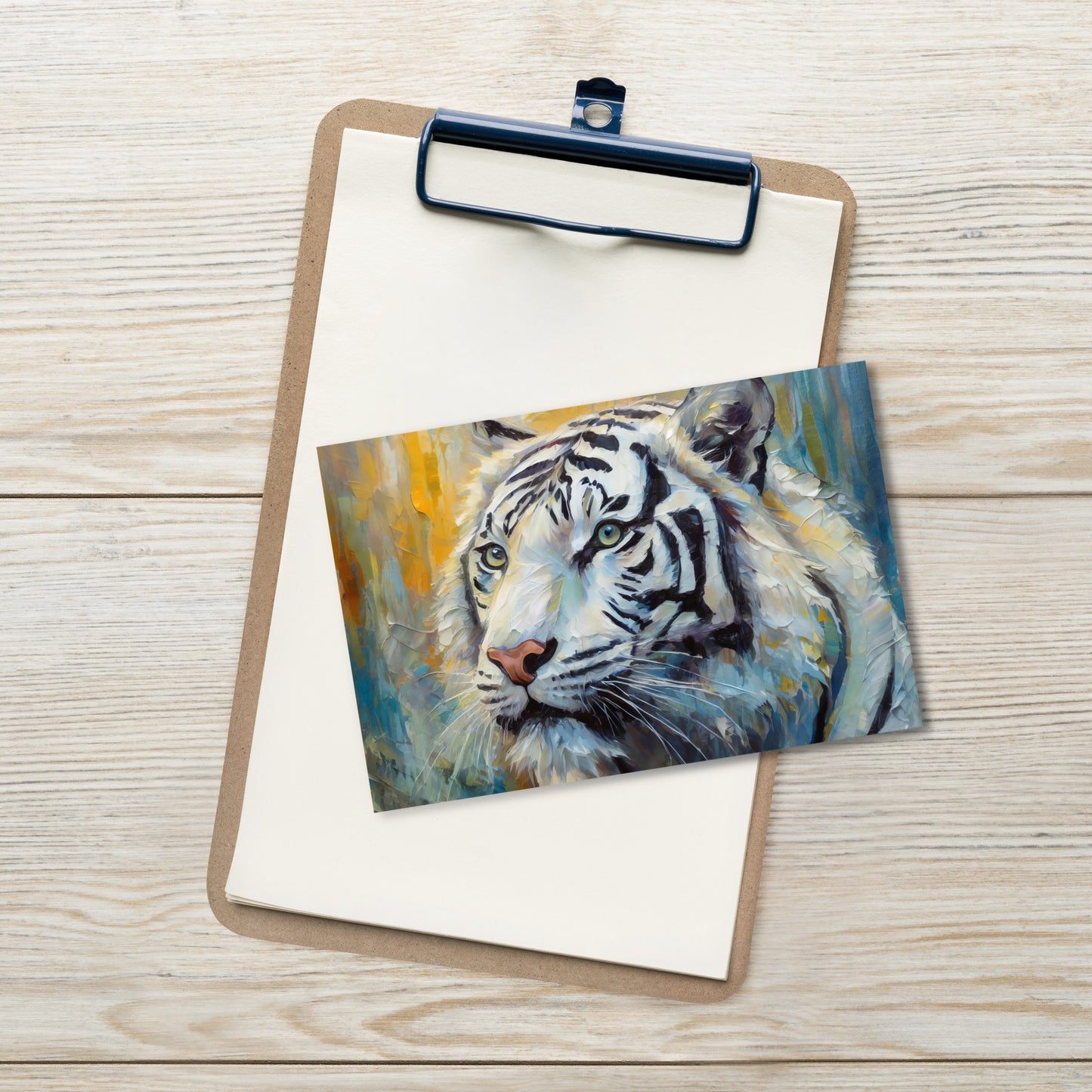 Majestic White Tiger Oil Painting Postcard – Stylish And Elegant Wildlife Art For Nature Lovers – Perfect Gift, Desk Décor For Home & Office