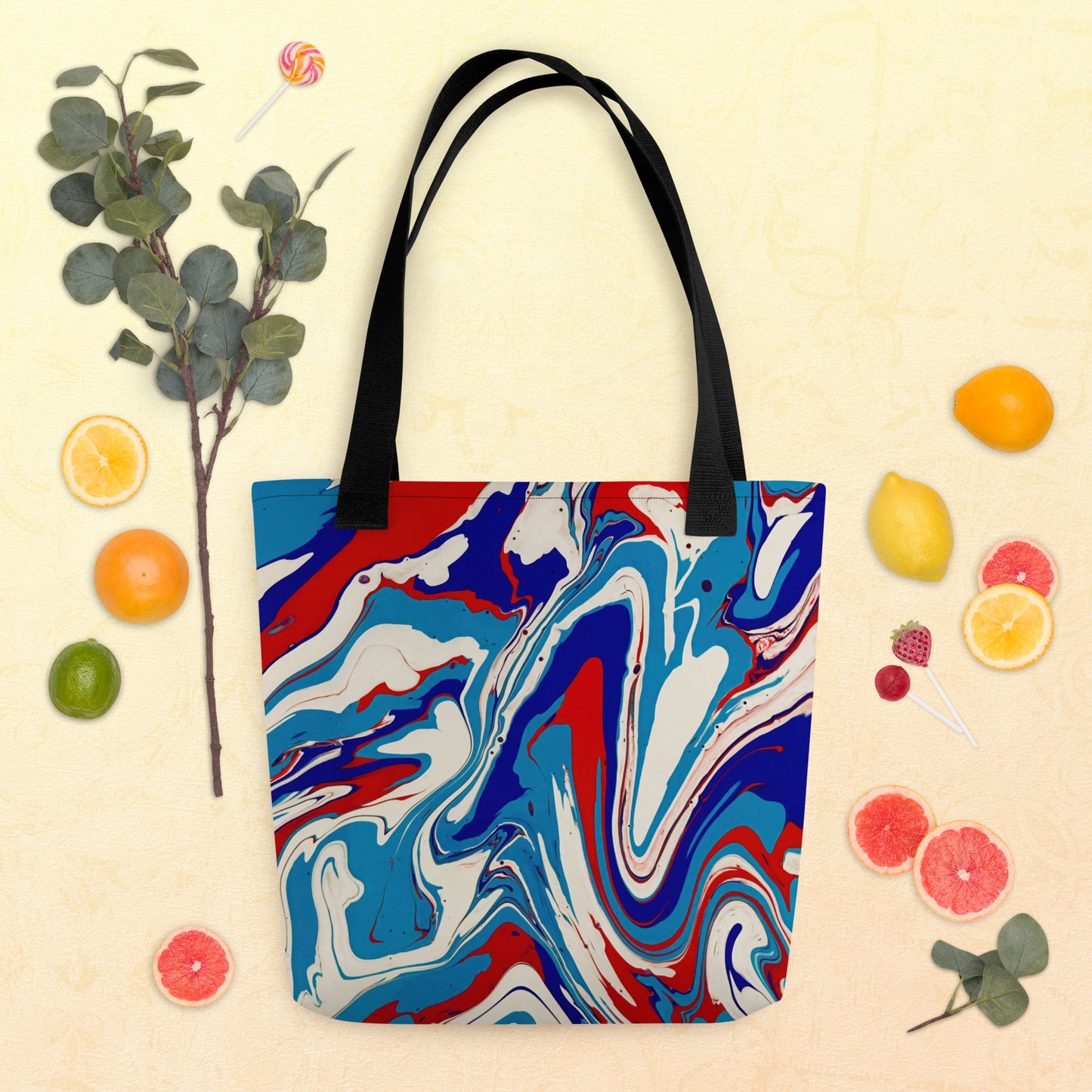 Elegant Durable Tote Bag With Vibrant Red, White, And Blue Acrylic Flow Painting - Stylish Abstract Art Gift For Everyday Use And Shopping