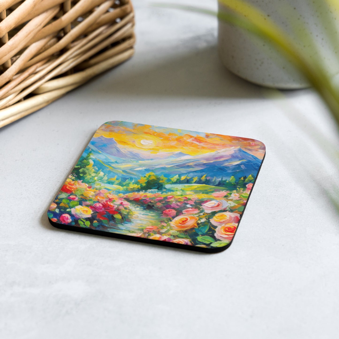 Scenic Mountain Sunset Cork-Back Coaster - Vibrant Oil Painting with Rose Pathway - Colorful & Stylish Home Decor - Perfect Gift Idea