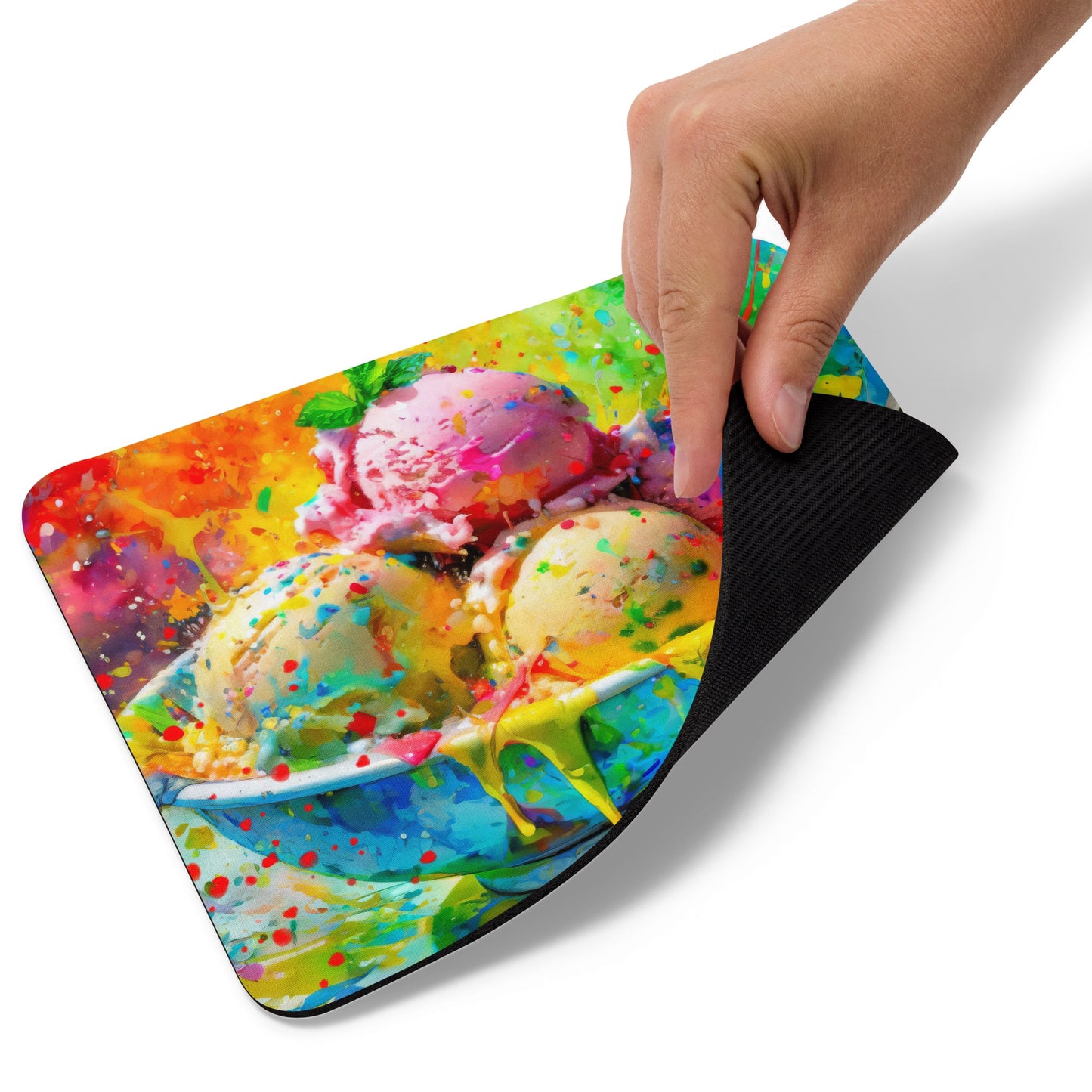 Vibrant Ice Cream Bowl Mouse Pad – Colorful Oil Painting, Rainbow Background, Stylish Desk Accessory, Perfect Gift For Office & Home Décor