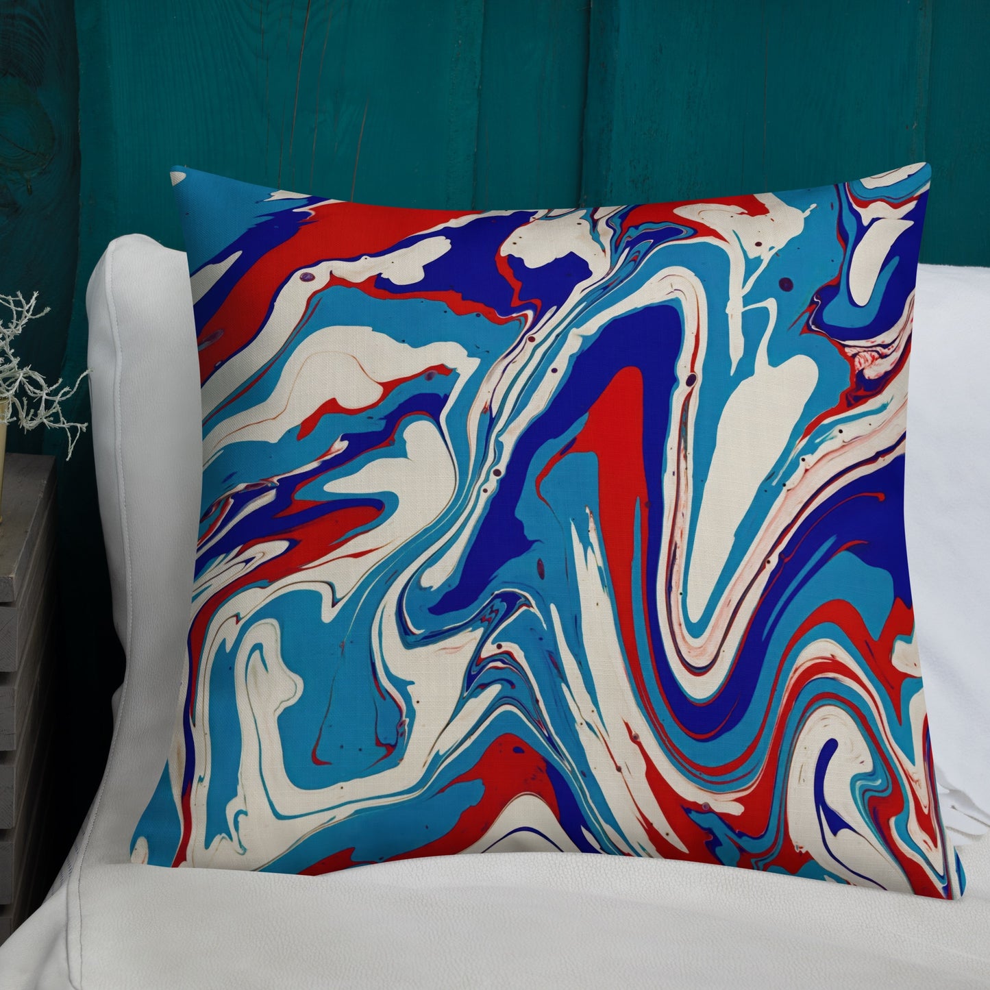Premium Pillow With Vibrant Red, White, and Blue Acrylic Flow Painting - Elegant Abstract Art Gift For Bedroom And Living Room Couch Decor