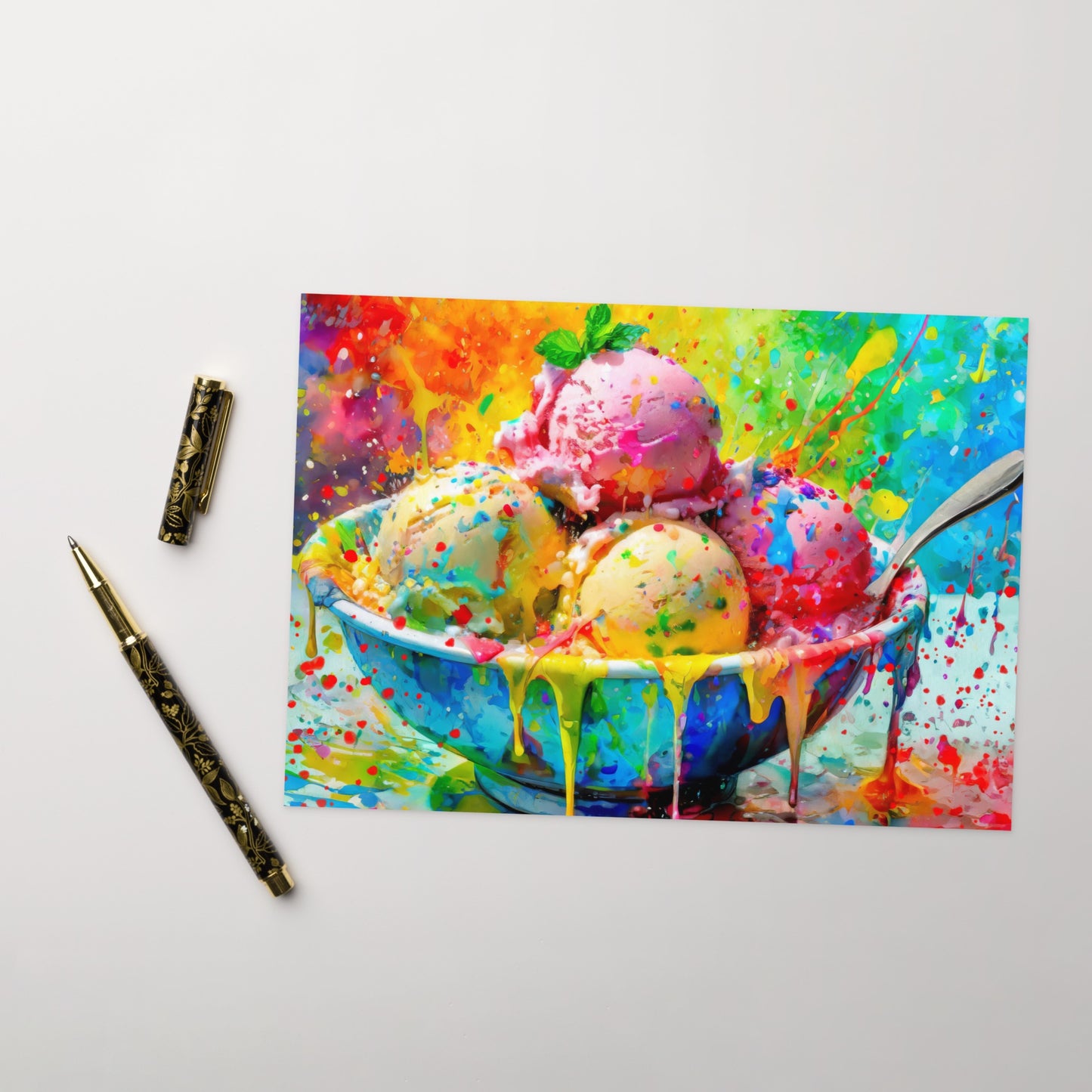 Rainbow Ice Cream Bowl Greeting Card – Vibrant Multicolored Scoops – Perfect for Kids, Birthdays, Thank You Notes, And Fun Special Occasions