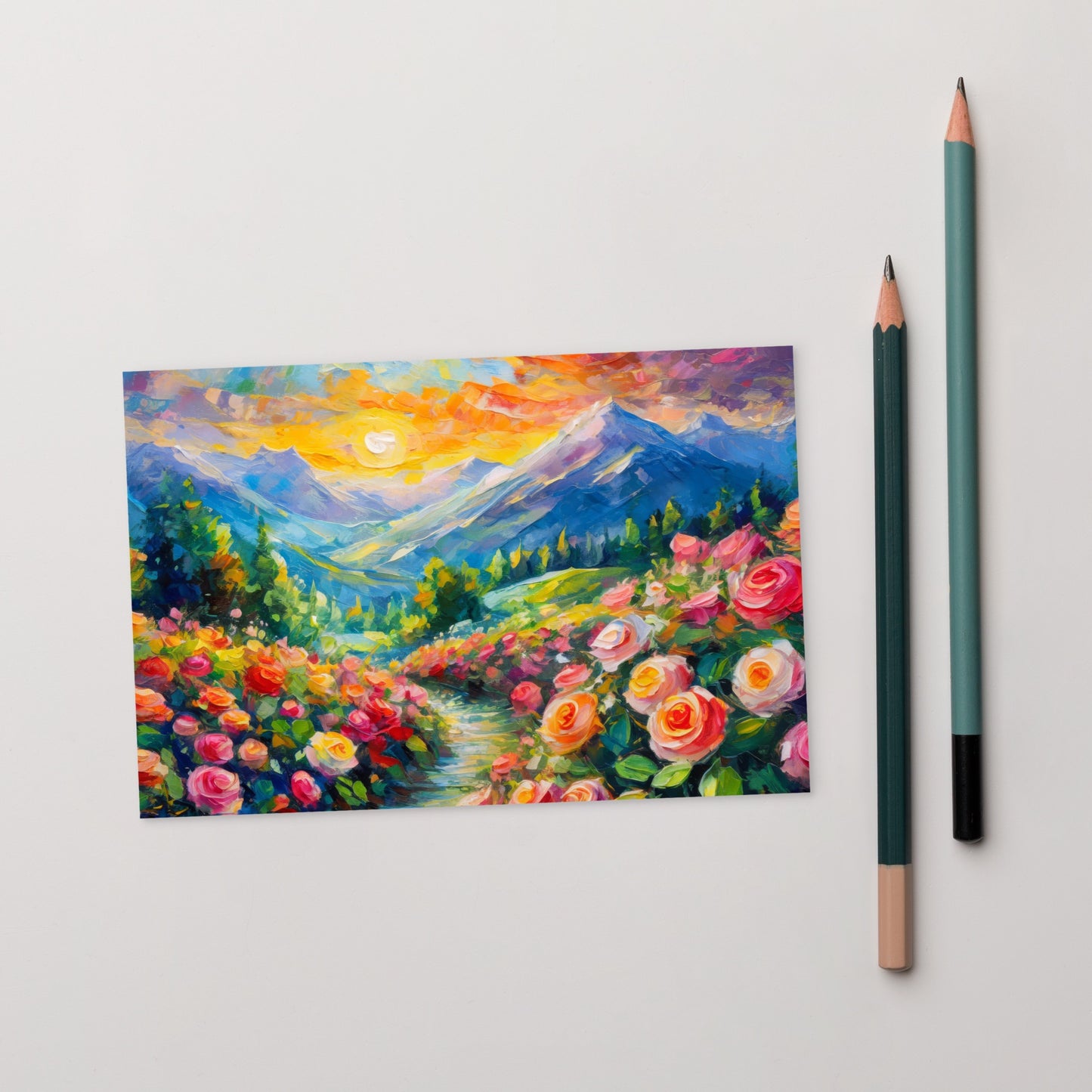 Majestic Mountain Sunset Greeting Card - Vibrant Oil Painting with Rose Path - Stylish, Peaceful & Colorful Nature Scene - A Great Gift Idea
