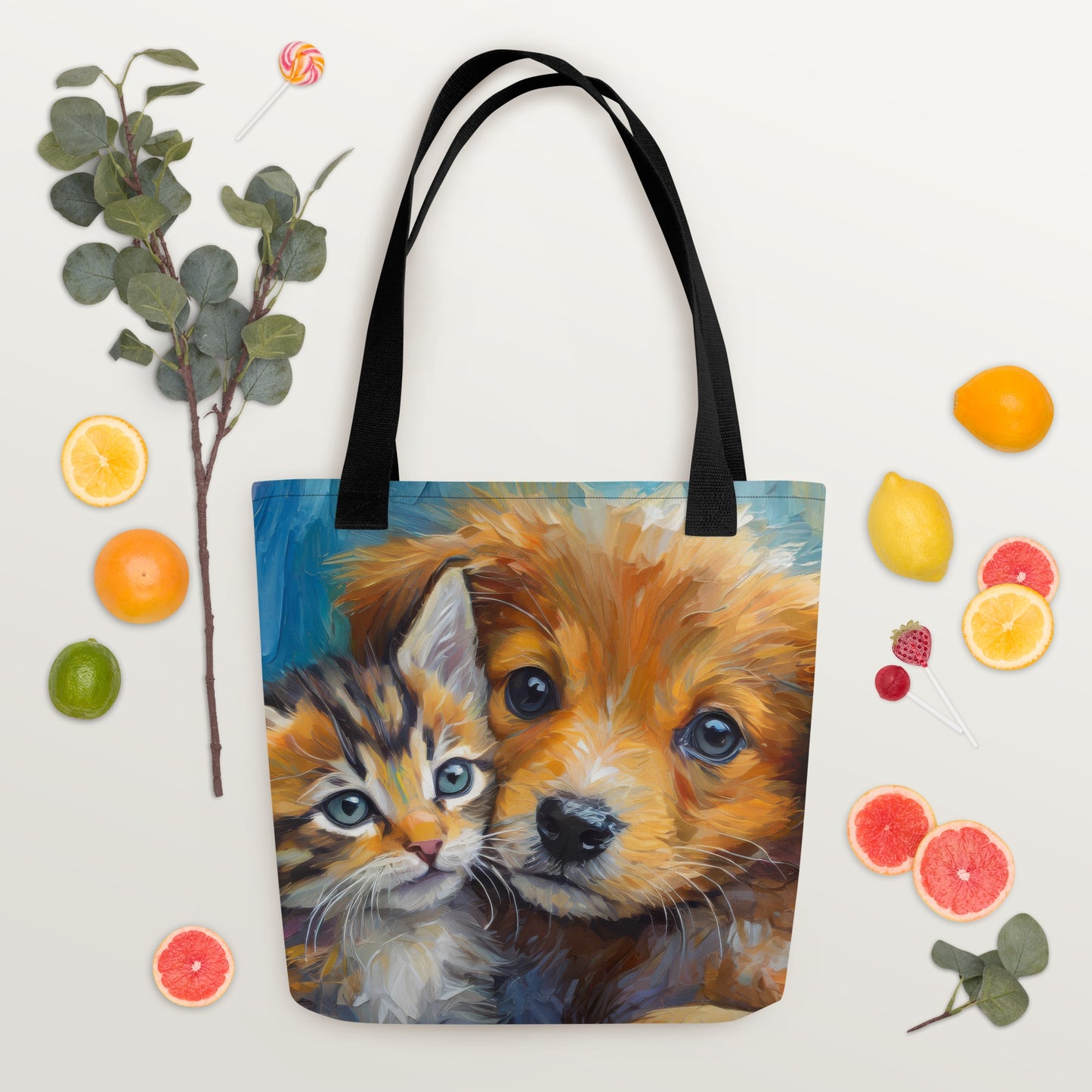 Adorable Kitten And Puppy Cuddling Oil Painting Tote Bag - Stylish Pet Lovers Tote Bag - Cute Animal Art Design - Makes A Great Gift Too