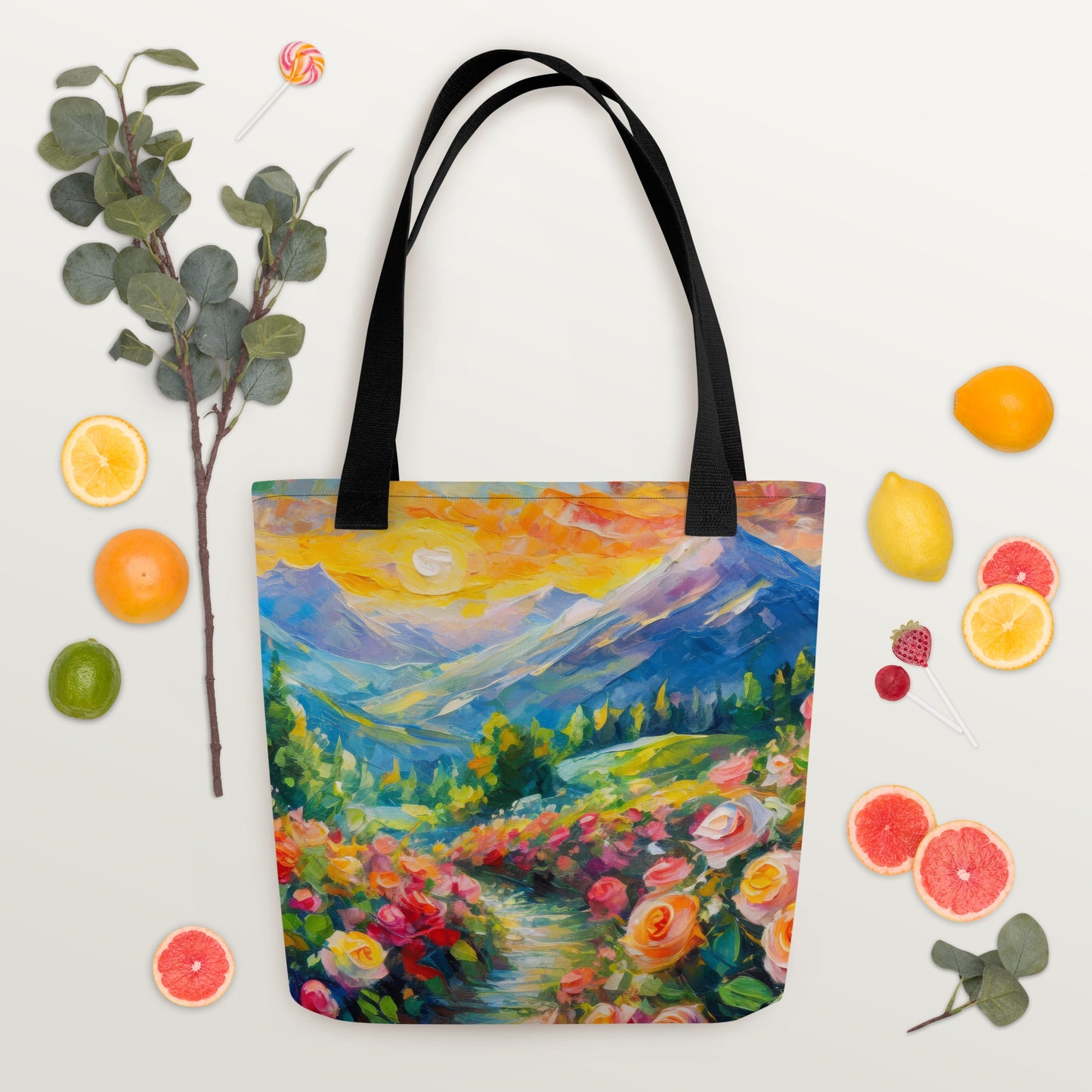 Majestic Mountain Sunset Tote Bag - Vibrant And Stylish Oil Painting, Reusable And Eco-Friendly, Perfect for Nature Lovers & Art Enthusiasts