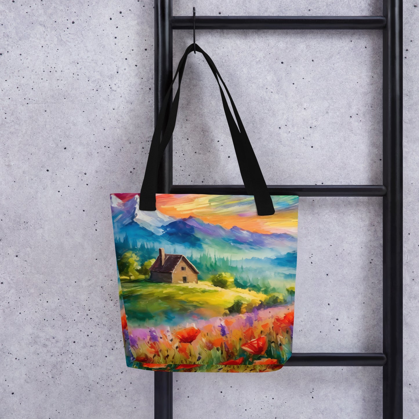 Majestic Cabin In The Mountains Tote Bag - Colorful Sunset Vibrant Van Gogh-Inspired Oil Painting, Perfect For Shopping And Everyday Use