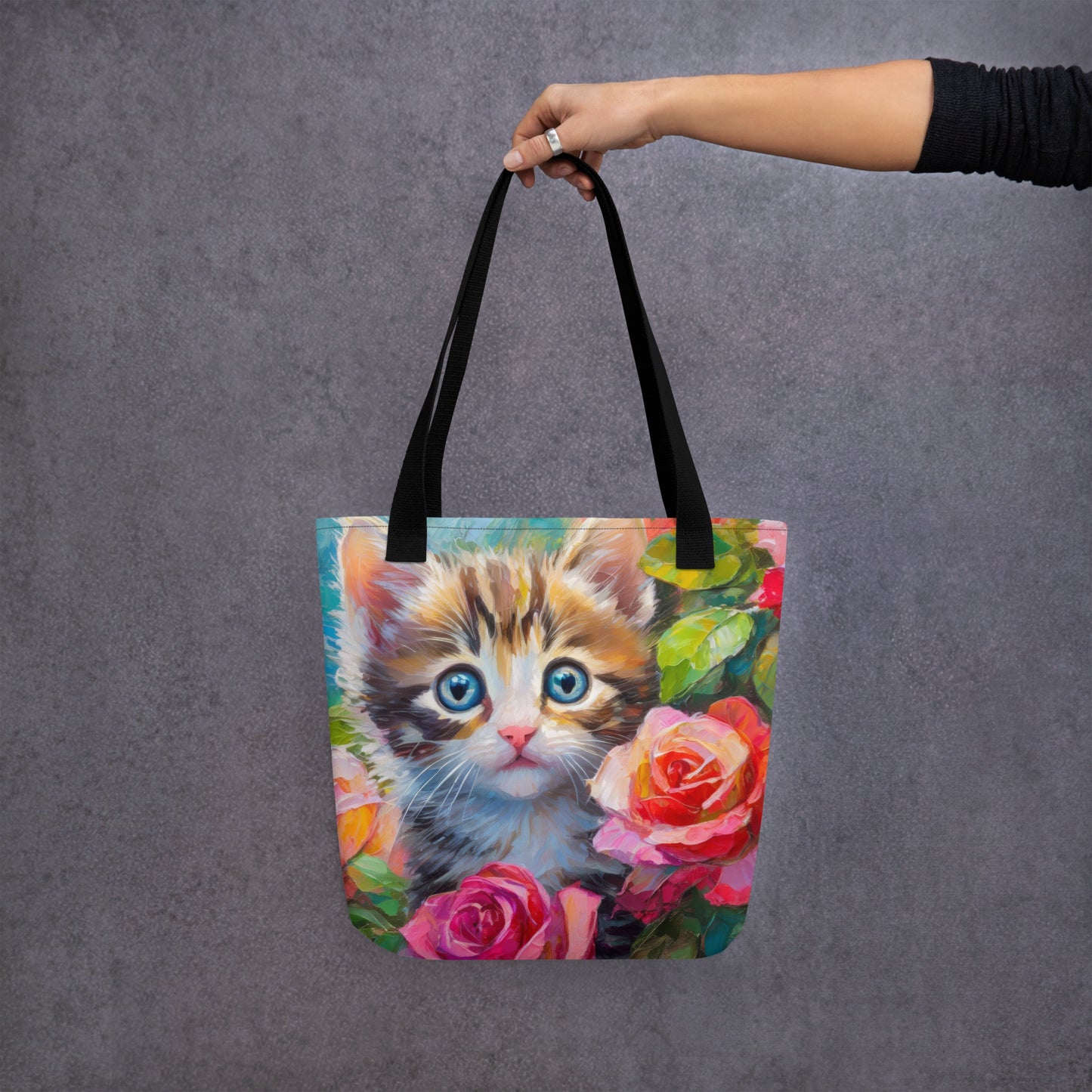 Vibrant Tote Bag With Adorable Kitten In Rose Bush Oil Painting – Perfect Gift For Cat And Flower Lovers, Stylish & Cute Bag For Shopping
