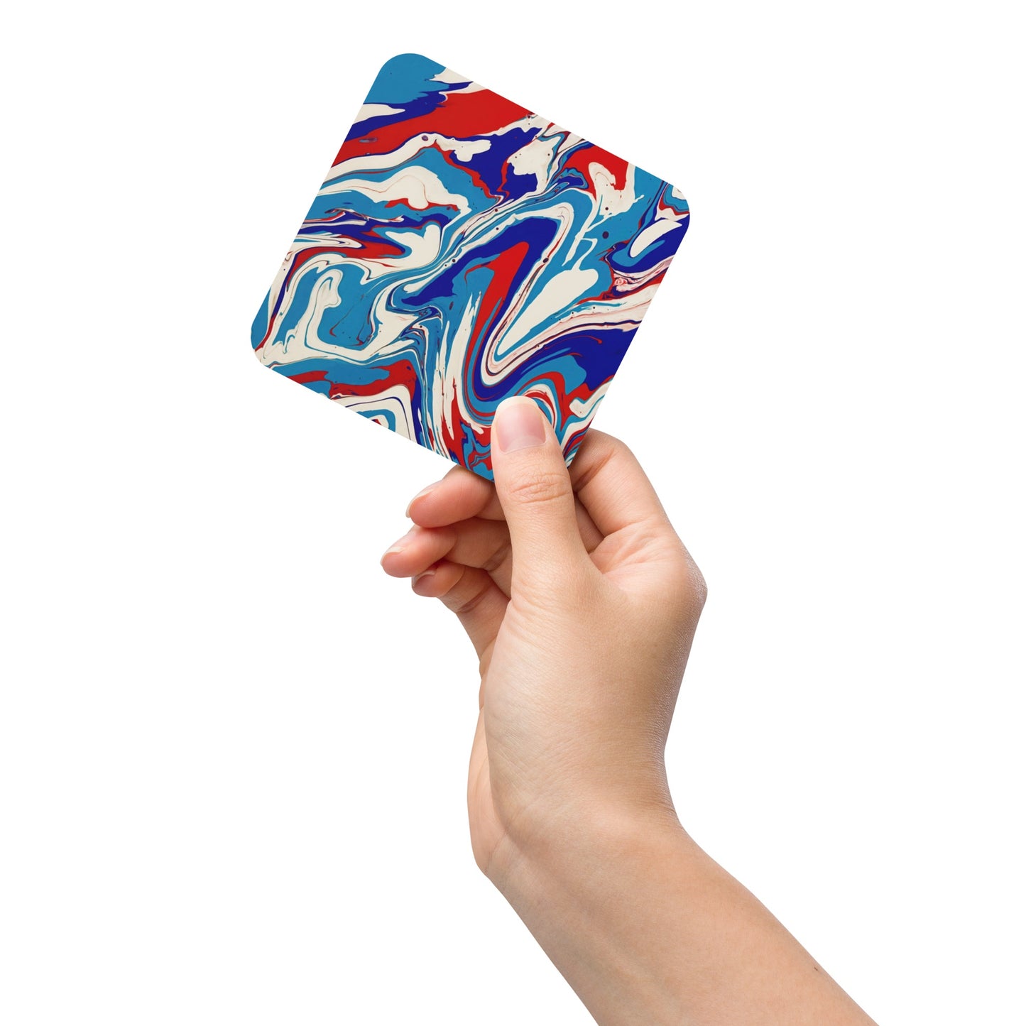 Vibrant Red, White & Blue Flow Painting Cork-Back Drink Coaster - Elegant Abstract And Modern Art Décor for Home, Kitchen, Cafe And Office