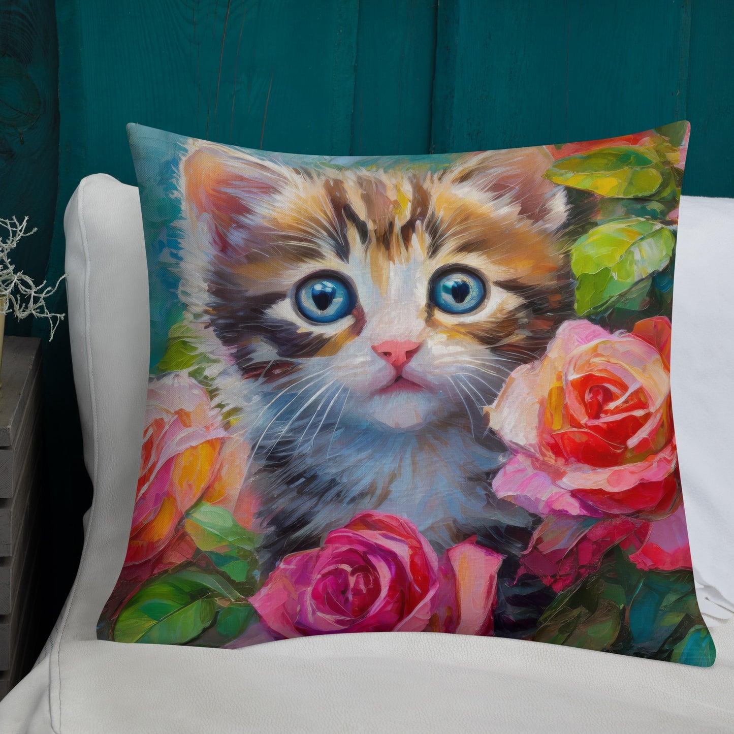 Premium Pillow With Adorable Kitten In Rose Bush Oil Painting – Perfect Gift For Cat & Flower Lovers, Soft And Beautiful Home And Bed Decor