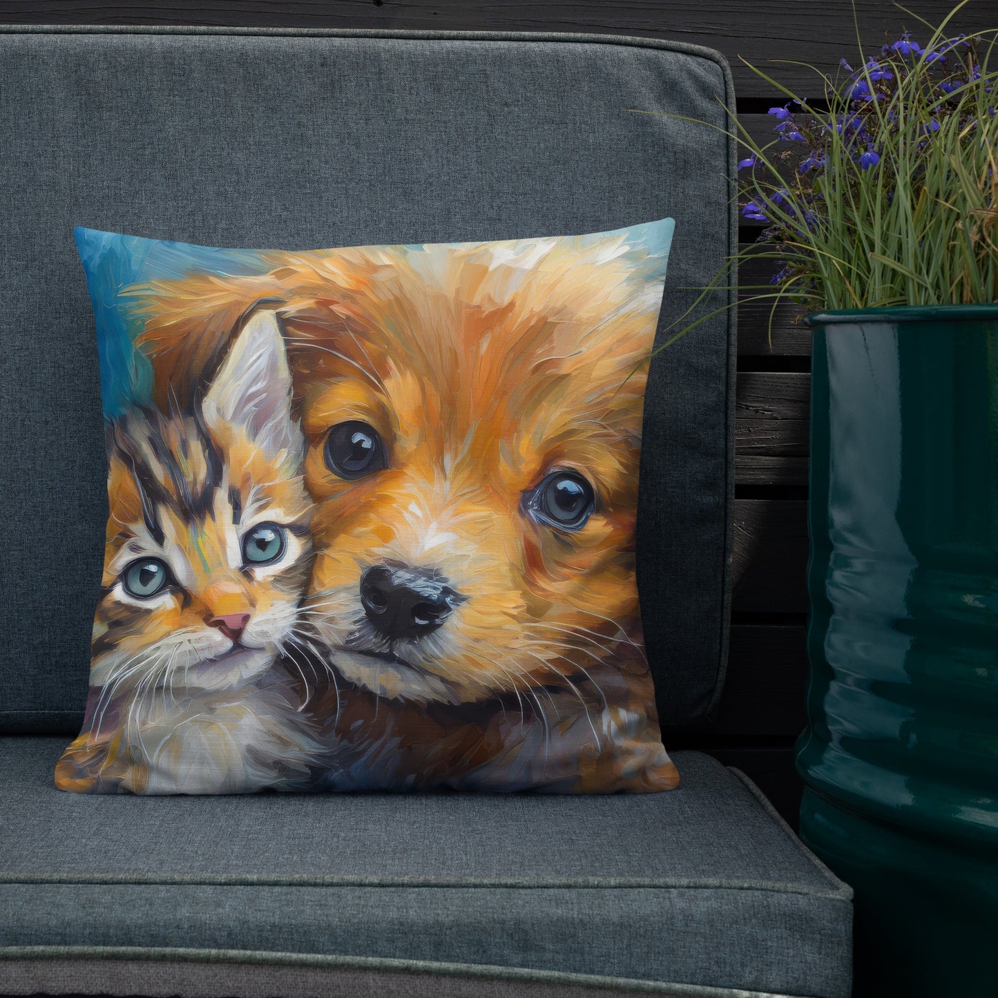 Premium Pillow with Vibrant Oil Painting of Kitten and Puppy Cuddling | Home Décor | Perfect Gift for Kids, Pet Lovers, Dog & Cat Lovers