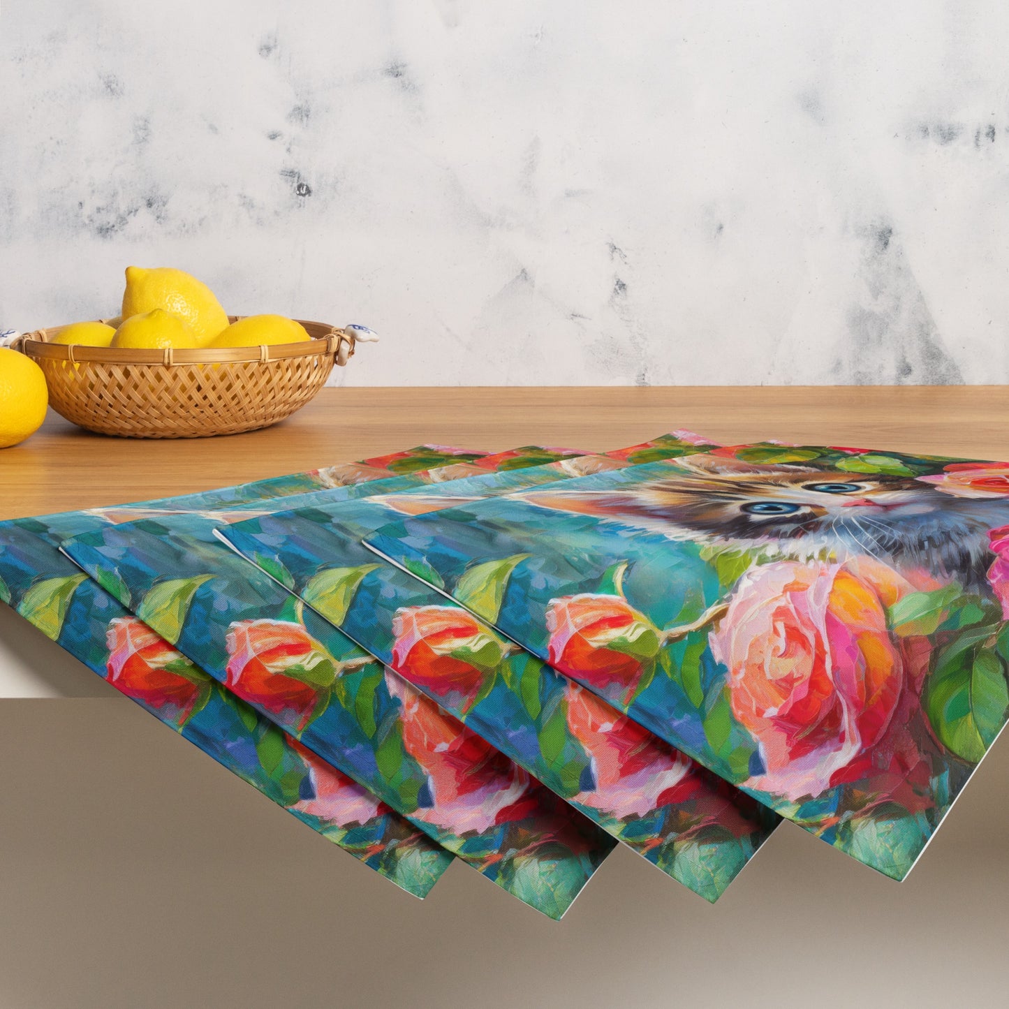 Adorable Kitten In Rose Bush Table Placemat Set of 4 - Colorful Oil Painting, Perfect Gift for Nature, Cat, And Flower Lovers