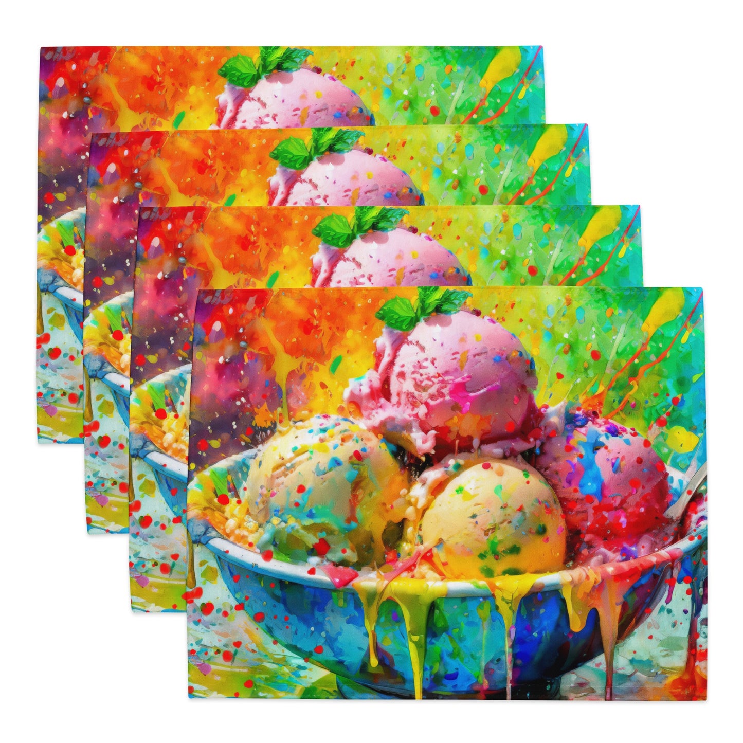 Colorful Ice Cream Table Placemat Set of 4 - Vibrant Oil Painting, Rainbow Background, Perfect for Fun and Festive Occasions