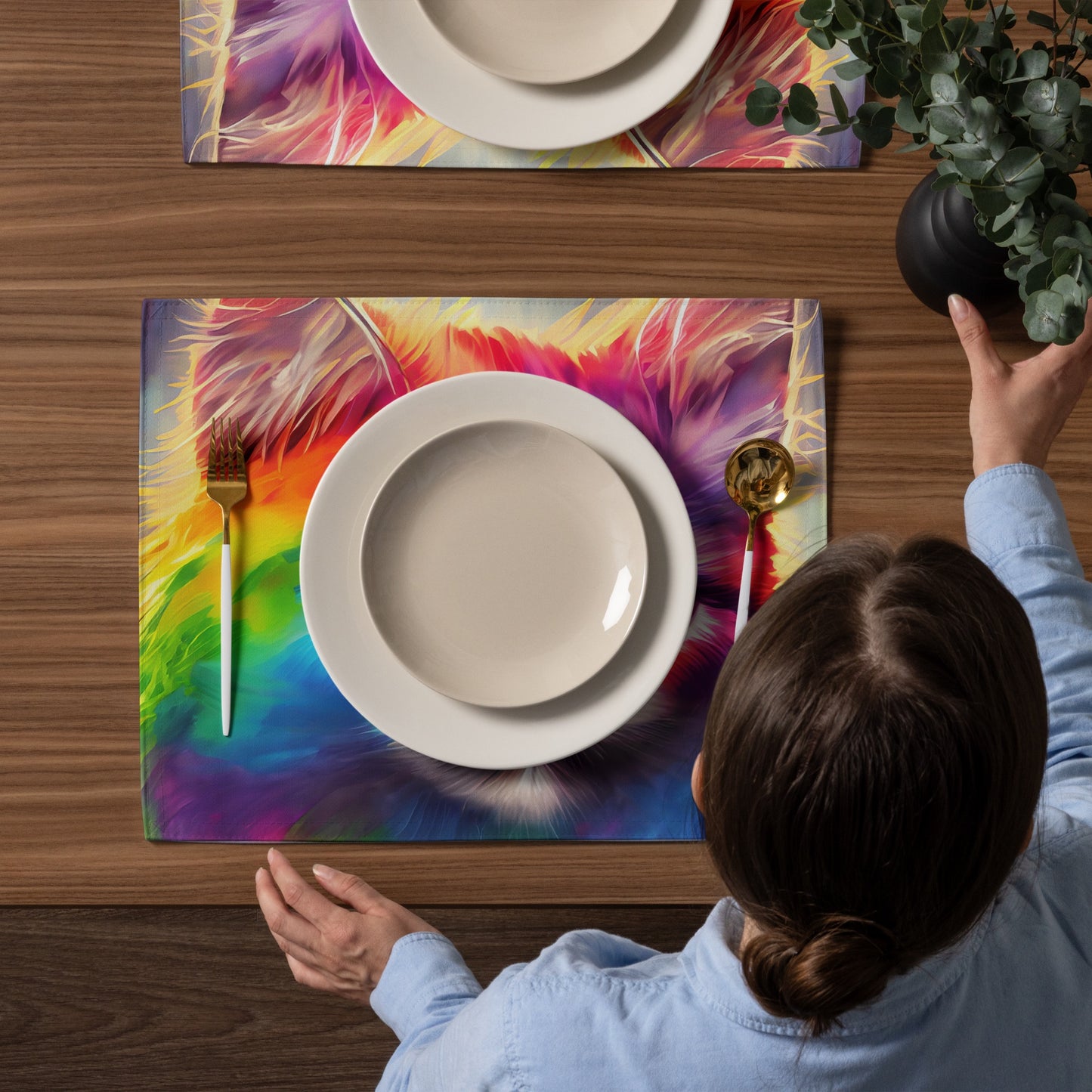 Rainbow Fur Cat Table Placemat Set Of 4 - Vibrant And Fun Painting, Perfect Gift For Kids, Pet Lovers, And Art Enthusiasts