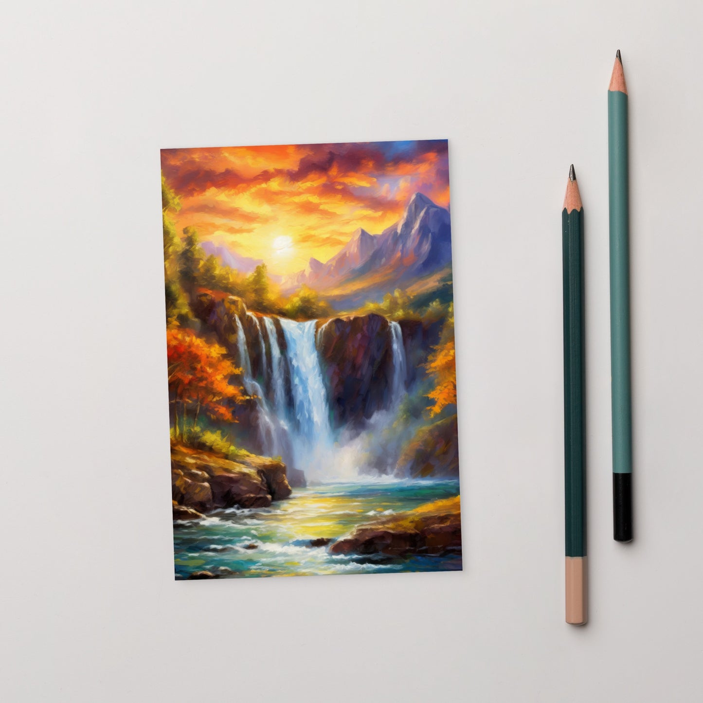 Scenic Mountain Waterfall Postcard - Autumn Sunset Oil Painting - Vibrant and Stylish Home & Country Décor - Perfect Gift For Nature Lovers