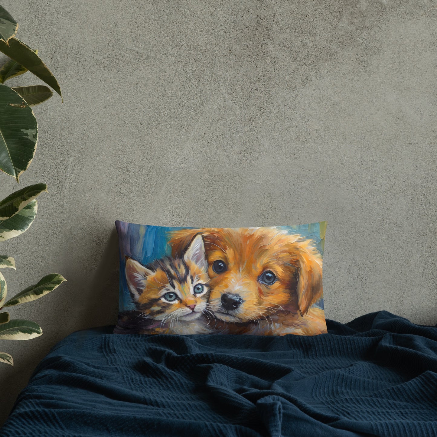 Premium Pillow with Vibrant Oil Painting of Kitten and Puppy Cuddling | Home Décor | Perfect Gift for Kids, Pet Lovers, Dog & Cat Lovers