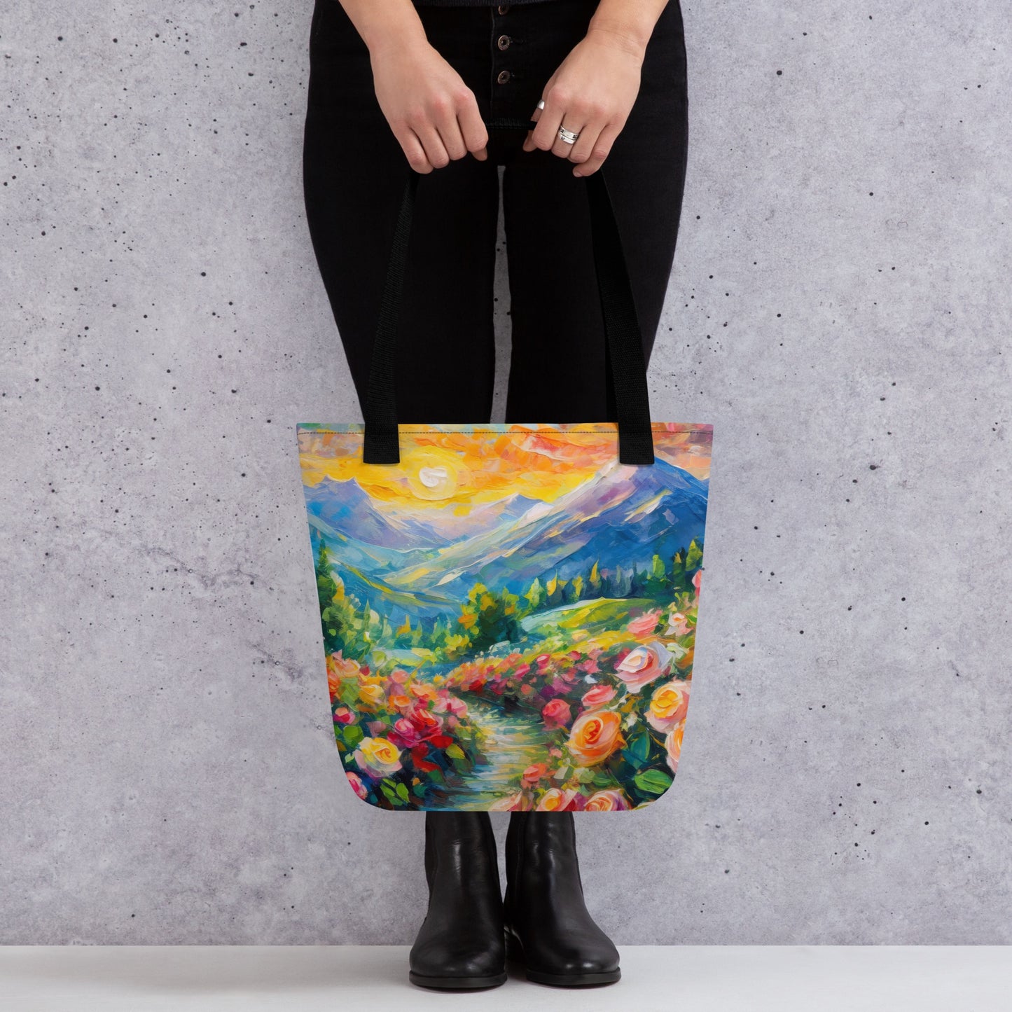 Majestic Mountain Sunset Tote Bag - Vibrant And Stylish Oil Painting, Reusable And Eco-Friendly, Perfect for Nature Lovers & Art Enthusiasts