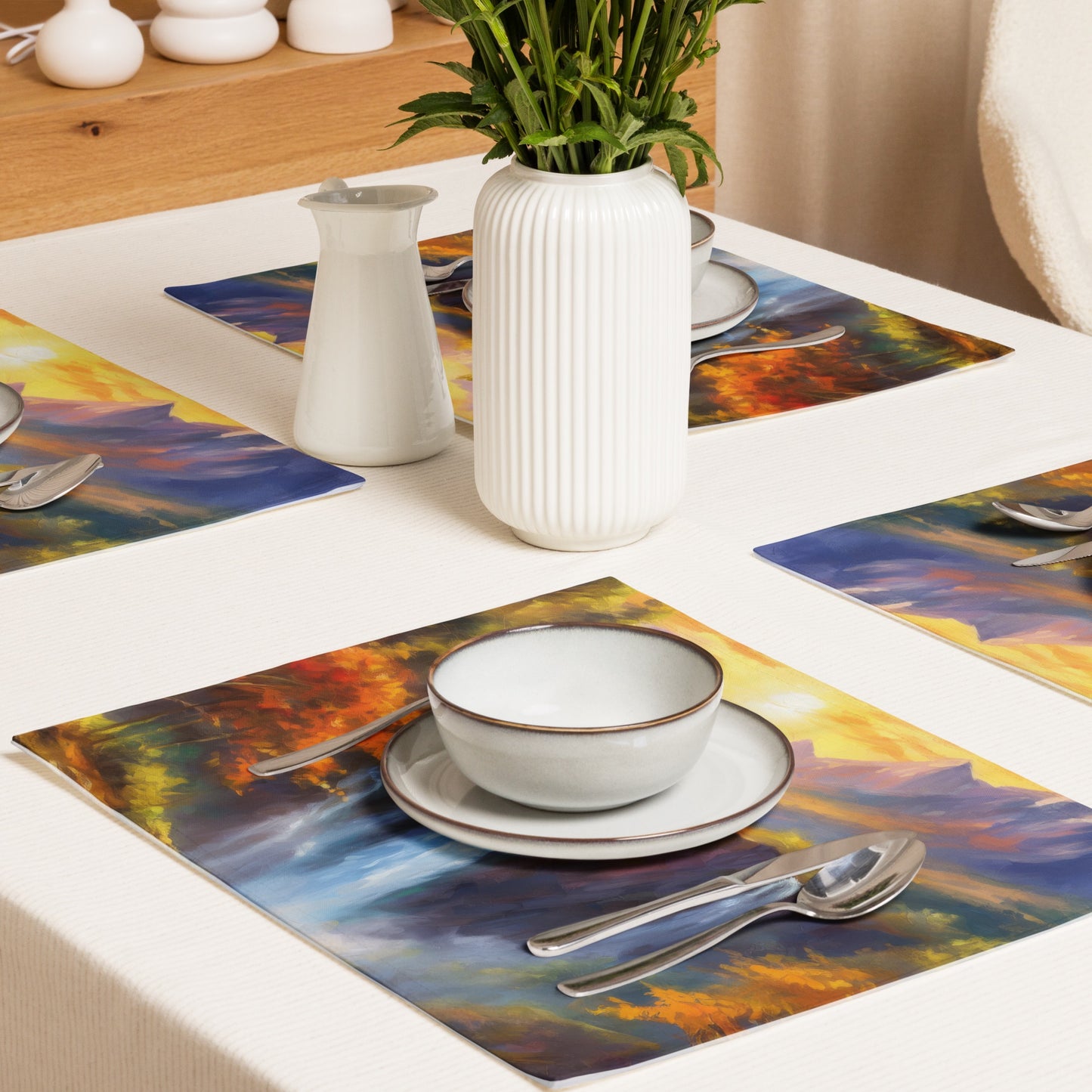 Autumn Mountain Sunset Table Placemat Set of 4 - Scenic Oil Painting, Majestic Waterfall, Perfect For Home, Kitchen And Country Table Décor