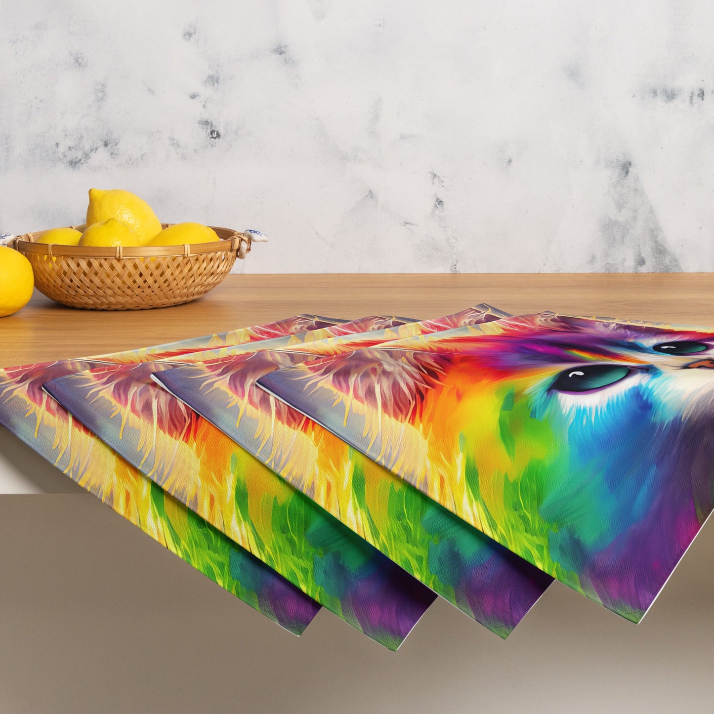 Rainbow Fur Cat Table Placemat Set Of 4 - Vibrant And Fun Painting, Perfect Gift For Kids, Pet Lovers, And Art Enthusiasts