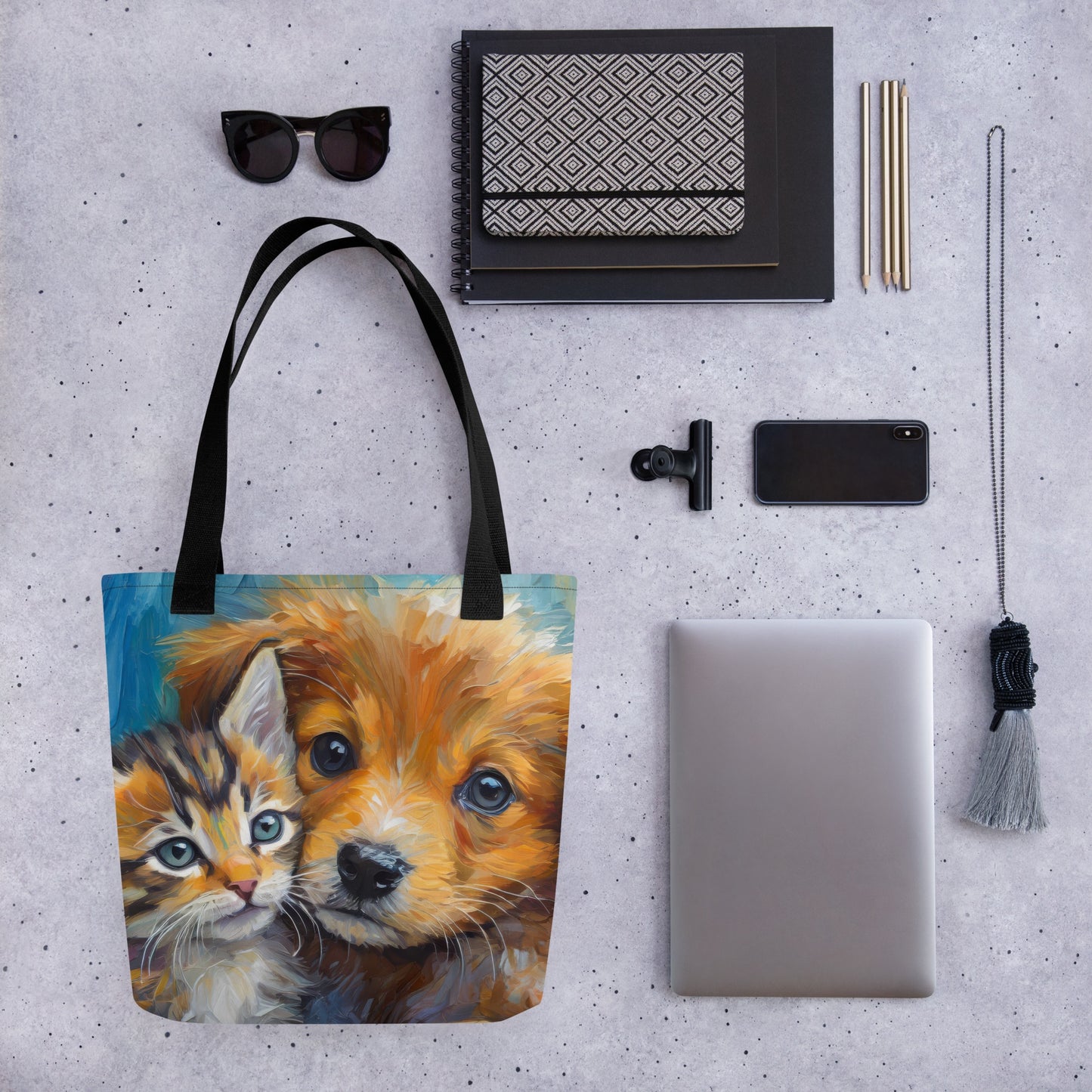 Adorable Kitten And Puppy Cuddling Oil Painting Tote Bag - Stylish Pet Lovers Tote Bag - Cute Animal Art Design - Makes A Great Gift Too