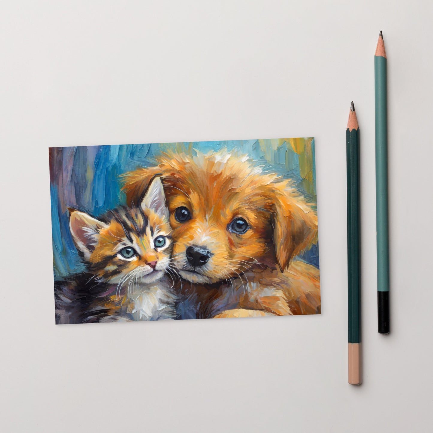 Adorable Kitten & Puppy Post Card - Perfect Gift For Kids, Pet Lovers, Dog And Cat Enthusiasts And Art Collectors - Home Stationary Décor
