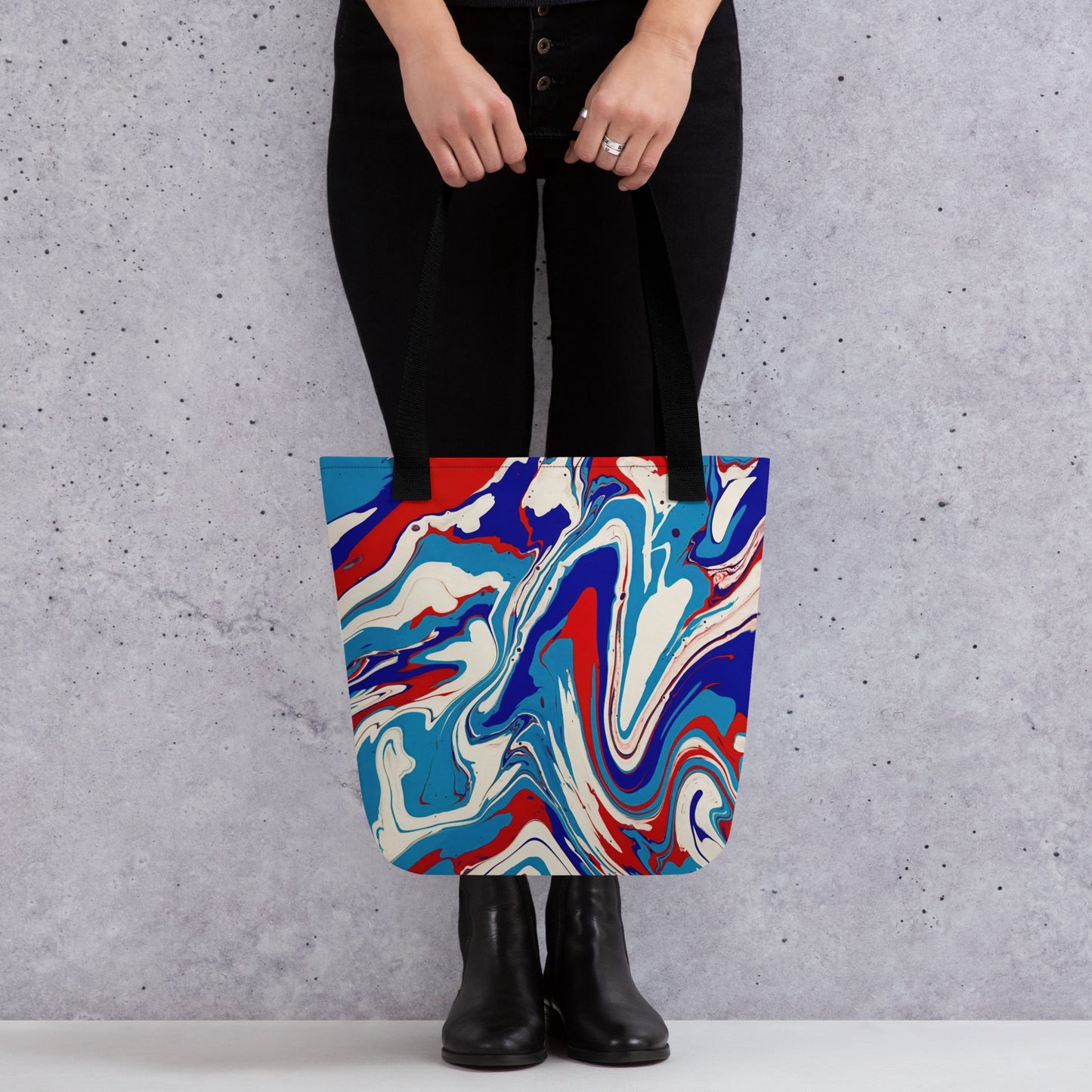 Elegant Durable Tote Bag With Vibrant Red, White, And Blue Acrylic Flow Painting - Stylish Abstract Art Gift For Everyday Use And Shopping