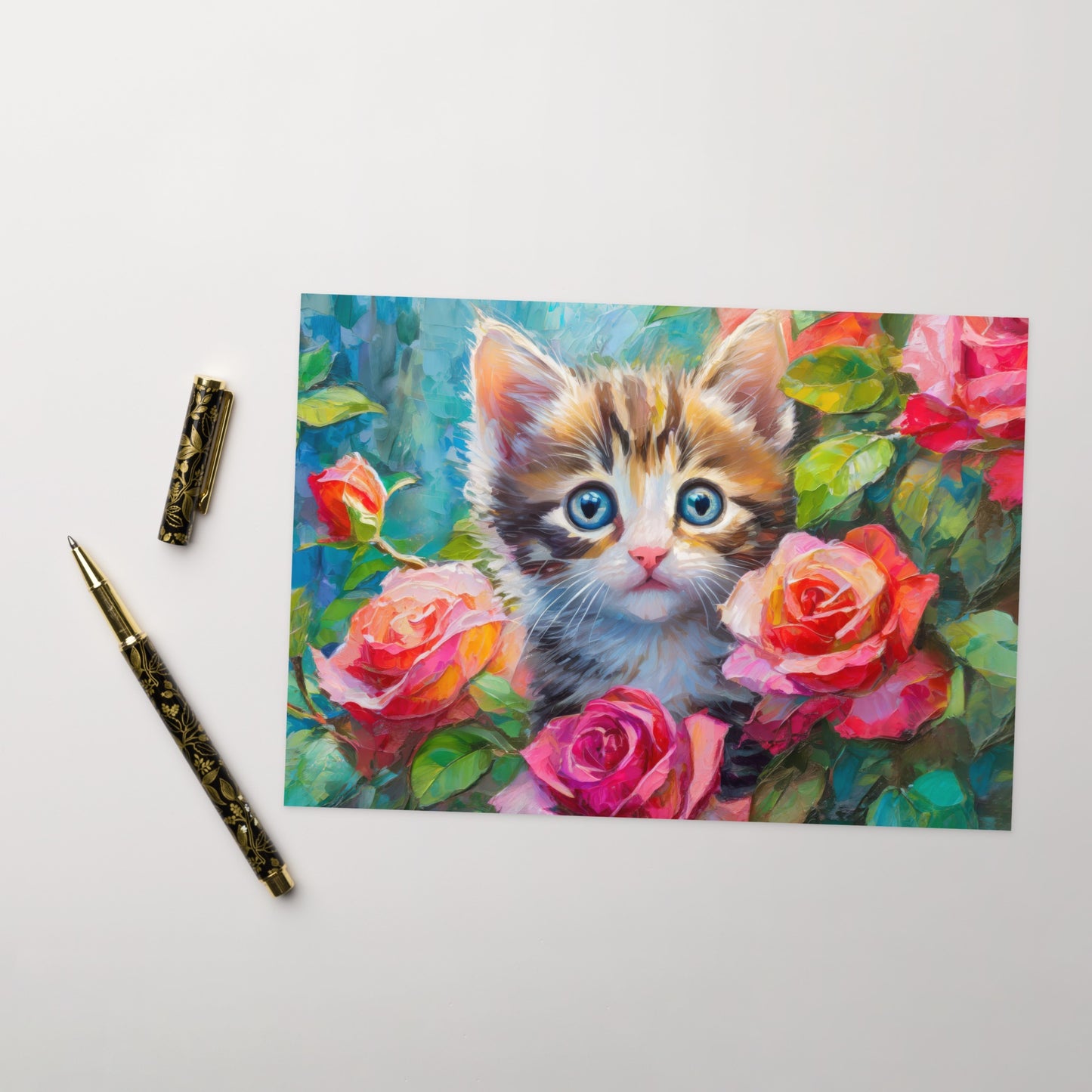 Adorable Kitten In Rose Bush Postcard - Vibrant Oil Painting - Stylish Gift For Cat, Nature, And Flower Lovers, Beautiful Stationary Decor