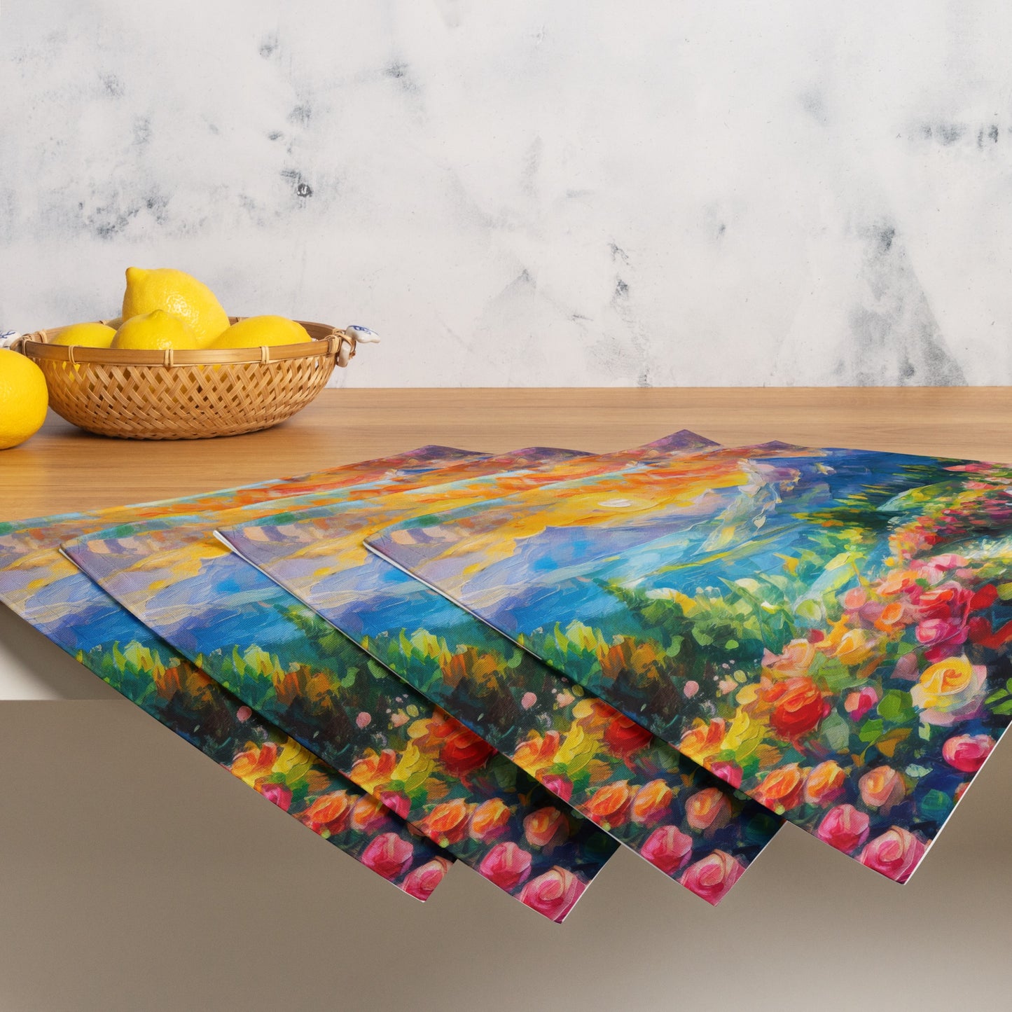 Colorful Mountain Sunset Table Placemat Set Of 4 - Scenic Oil Painting, Vibrant Roses, Perfect For Nature Lovers And Home Decor Enthusiasts