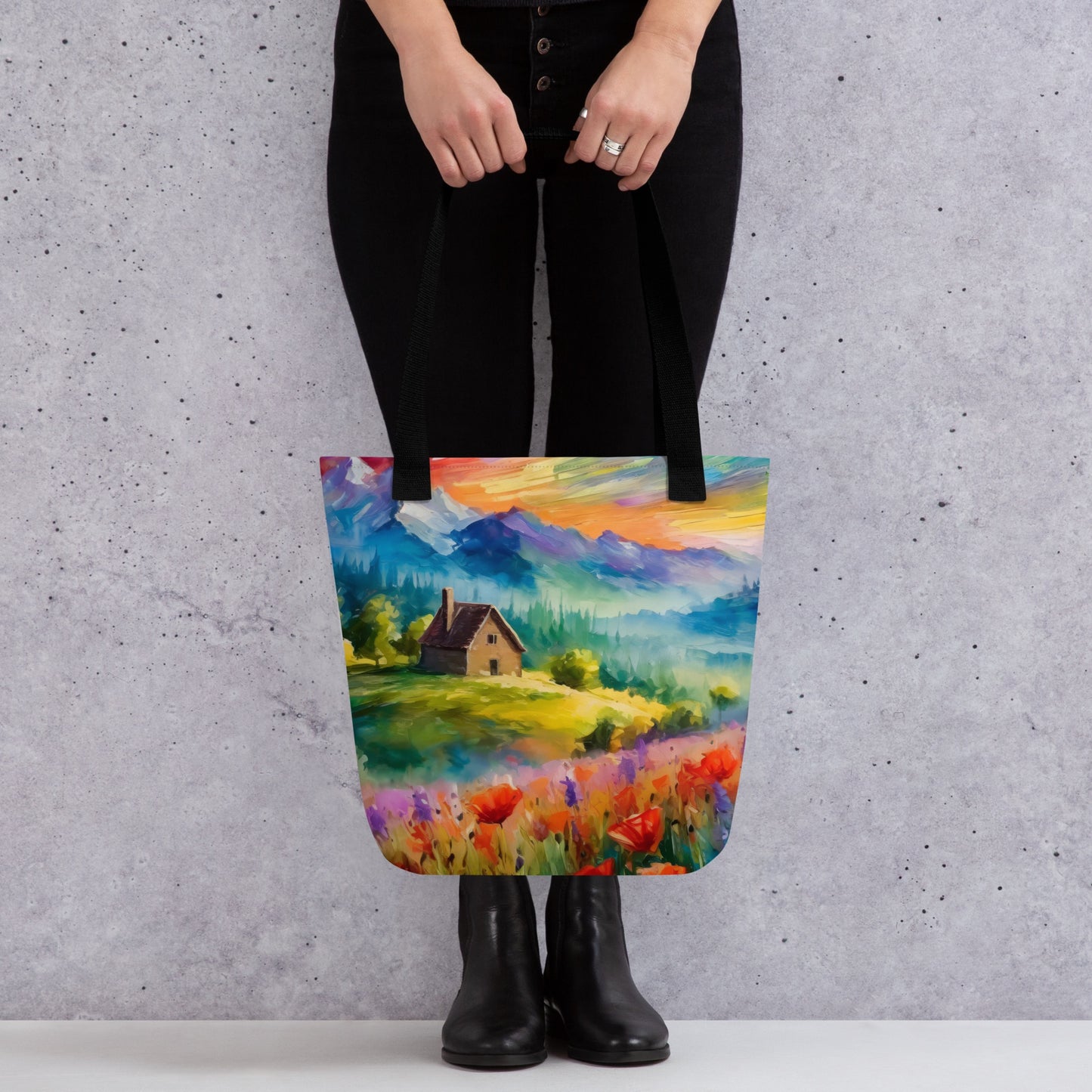Majestic Cabin In The Mountains Tote Bag - Colorful Sunset Vibrant Van Gogh-Inspired Oil Painting, Perfect For Shopping And Everyday Use