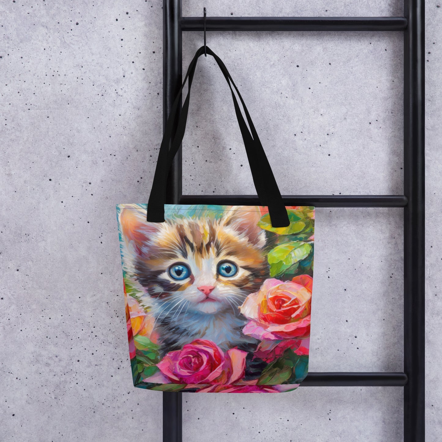 Vibrant Tote Bag With Adorable Kitten In Rose Bush Oil Painting – Perfect Gift For Cat And Flower Lovers, Stylish & Cute Bag For Shopping