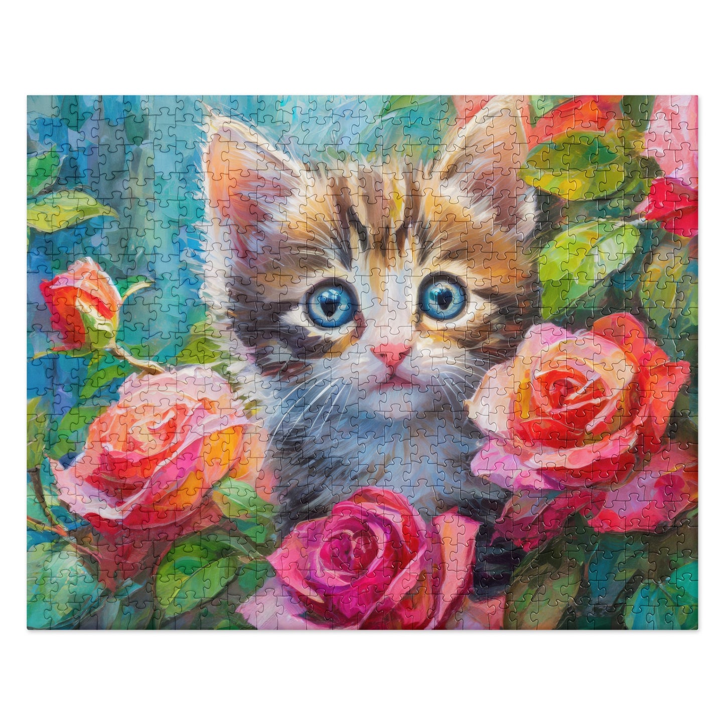 Adorable Kitten In Rose Bush Oil Painting Jigsaw Puzzle - Perfect Gift For Nature, Cat, And Flower Lovers! - Fun For The Entire Family!
