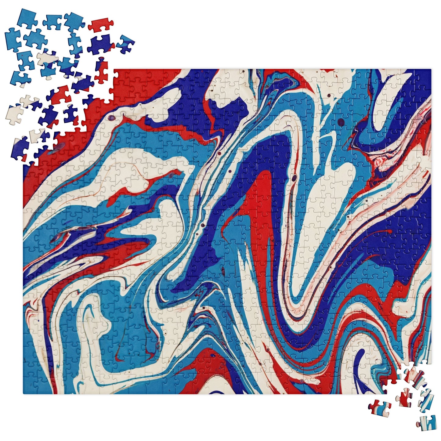 Vibrant Jigsaw Puzzle - Red, White & Blue Flow Painting - Stylish, Elegant, Unique Abstract Art For Modern Art Lovers And Puzzle Enthusiasts