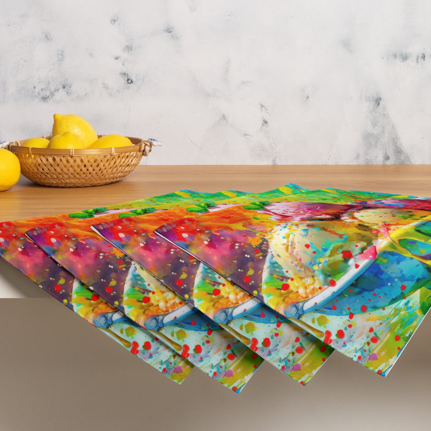 Colorful Ice Cream Table Placemat Set of 4 - Vibrant Oil Painting, Rainbow Background, Perfect for Fun and Festive Occasions