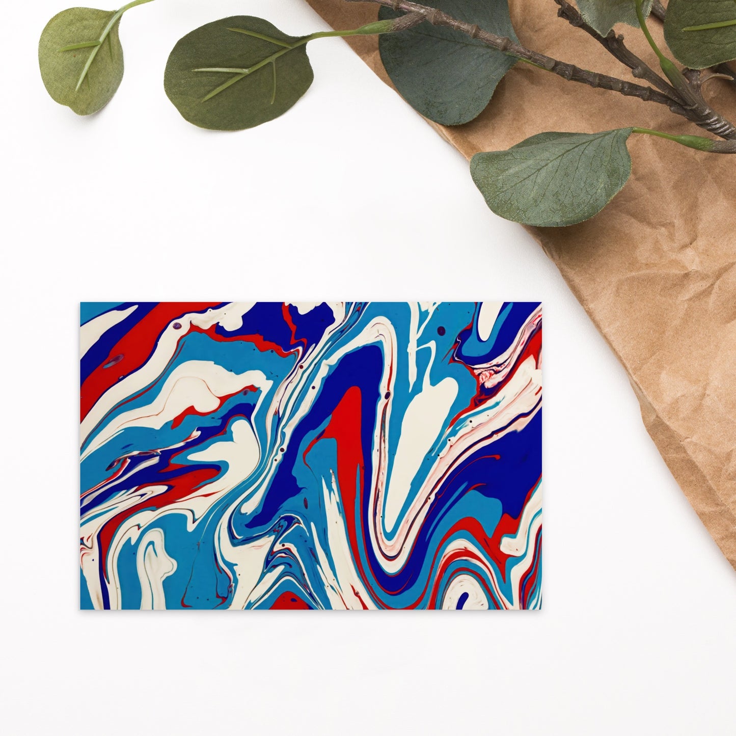 Vibrant Standard Postcard - Red, White & Blue Acrylic Flow Painting - Stylish, Elegant And Unique Abstract Art Gift for Modern Art Lovers