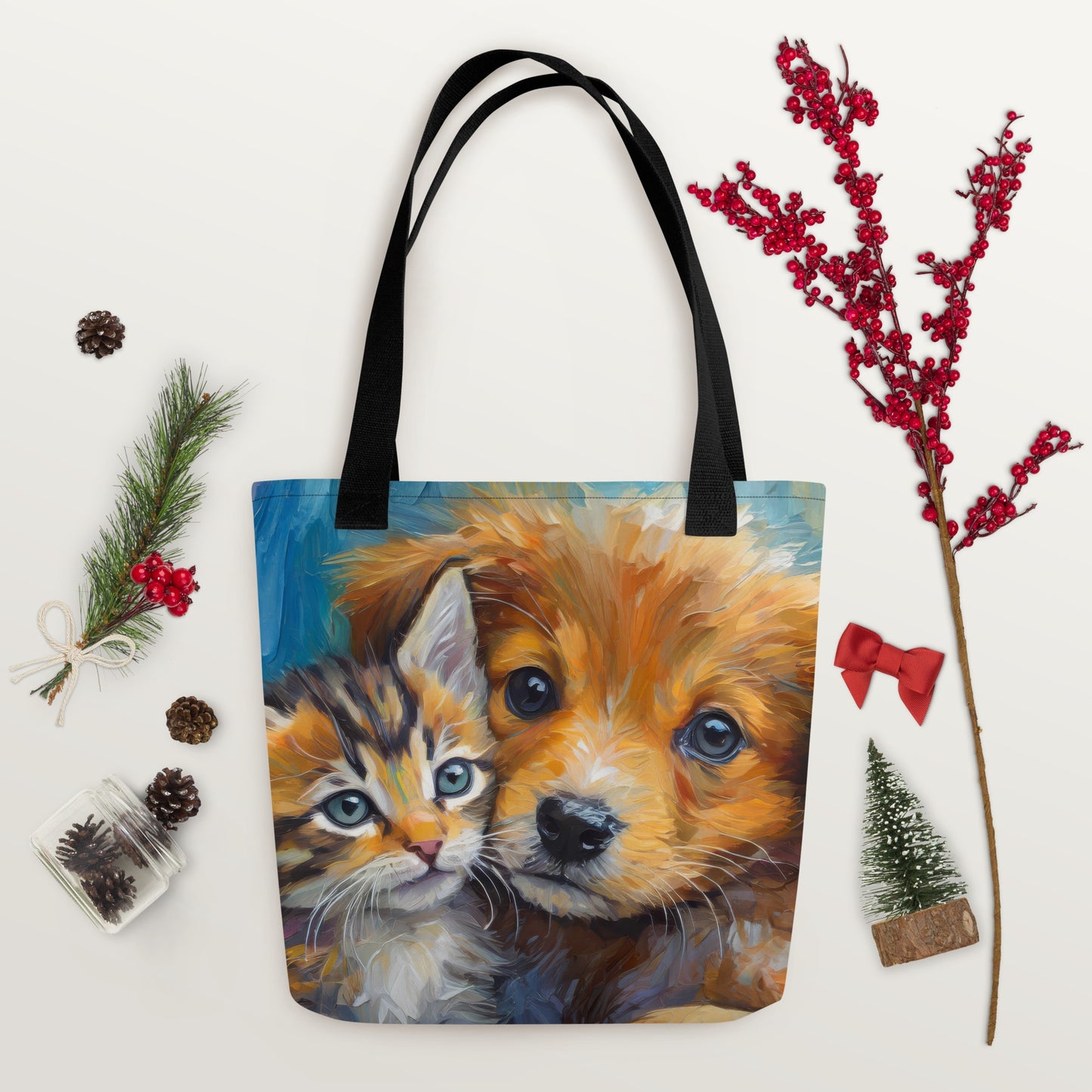 Adorable Kitten And Puppy Cuddling Oil Painting Tote Bag - Stylish Pet Lovers Tote Bag - Cute Animal Art Design - Makes A Great Gift Too