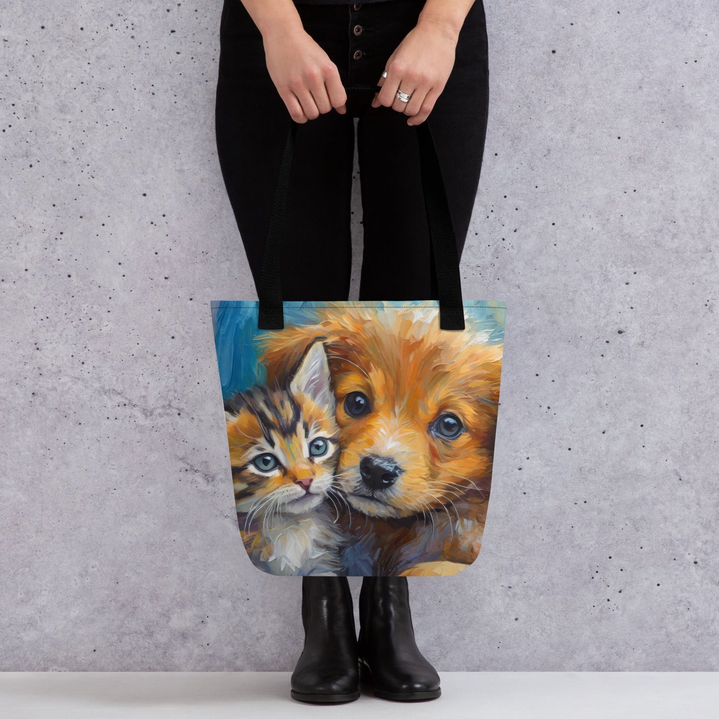 Adorable Kitten And Puppy Cuddling Oil Painting Tote Bag - Stylish Pet Lovers Tote Bag - Cute Animal Art Design - Makes A Great Gift Too