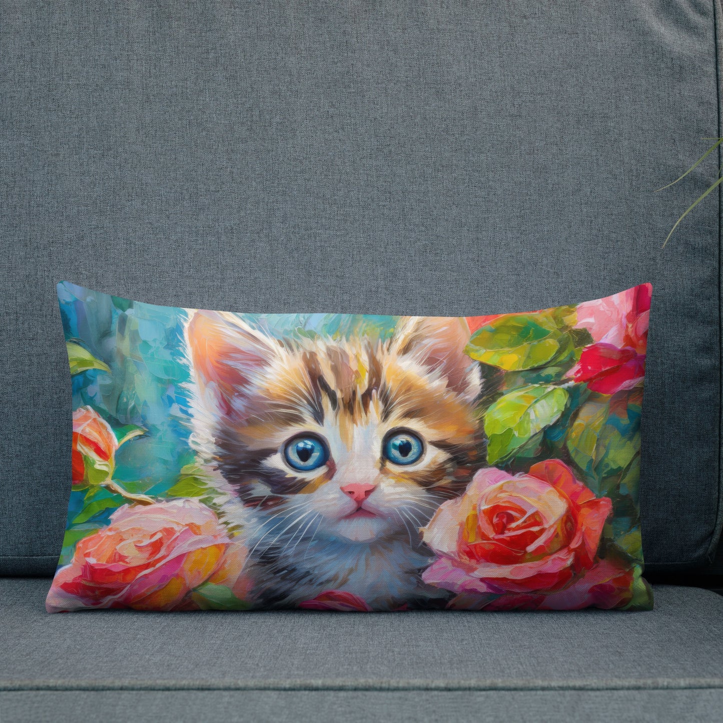 Premium Pillow With Adorable Kitten In Rose Bush Oil Painting – Perfect Gift For Cat & Flower Lovers, Soft And Beautiful Home And Bed Decor