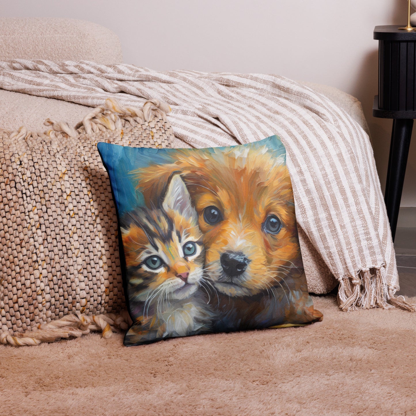 Premium Pillow with Vibrant Oil Painting of Kitten and Puppy Cuddling | Home Décor | Perfect Gift for Kids, Pet Lovers, Dog & Cat Lovers