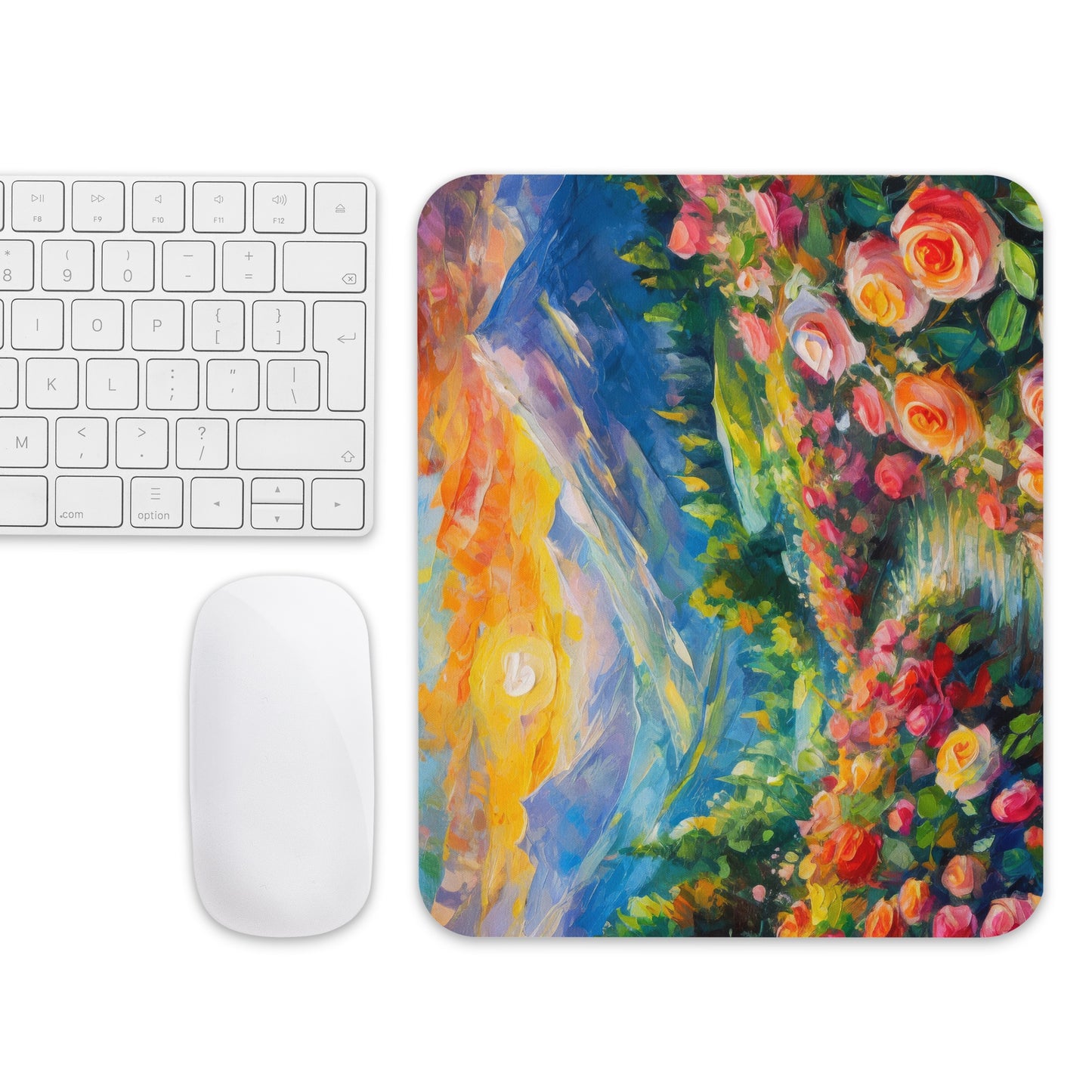 Scenic Mountain Sunset Mouse Pad with Rose Path - Vibrant Oil Painting Desk Accessory - Nature Art for Office, Gaming, and Home Décor