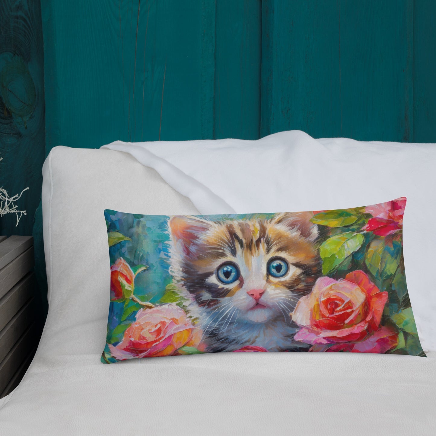 Premium Pillow With Adorable Kitten In Rose Bush Oil Painting – Perfect Gift For Cat & Flower Lovers, Soft And Beautiful Home And Bed Decor