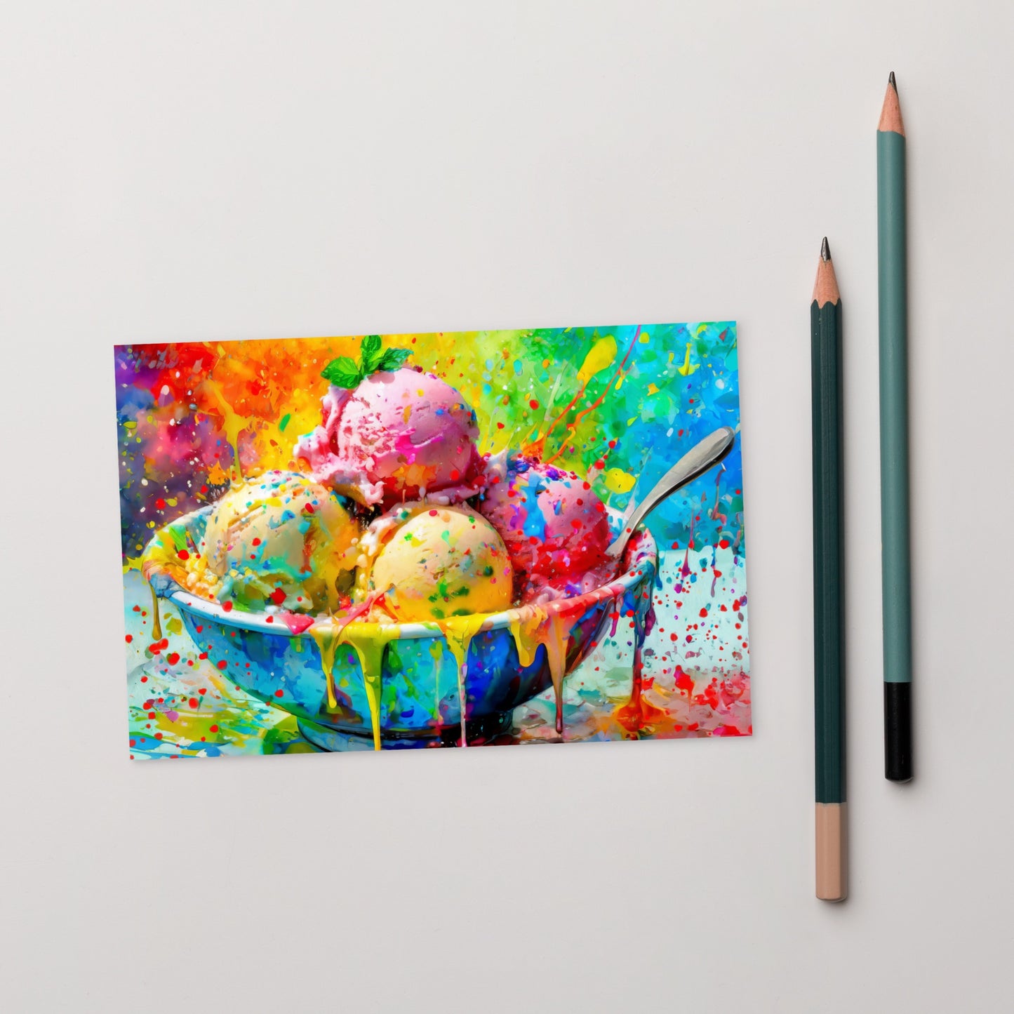 Colorful Ice Cream Bowl Postcard - Vibrant, Stylish Oil Painting - Perfect Gift For Dessert Lovers, Fun And Whimsical Stationary Art & Décor